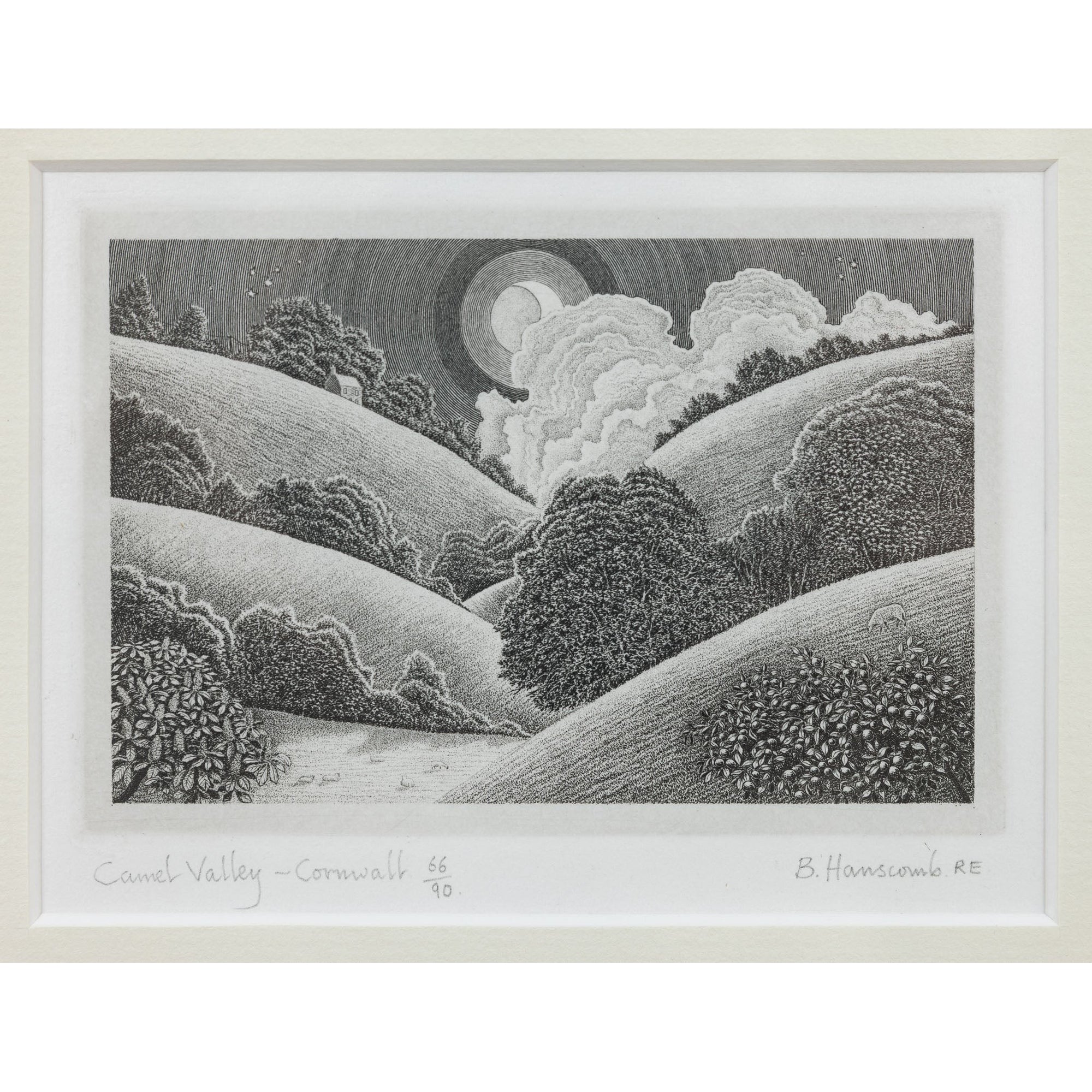 'Camel Valley - Cornwall' copperplate engraving by Brian Hanscomb, available at Padstow Gallery, Cornwall