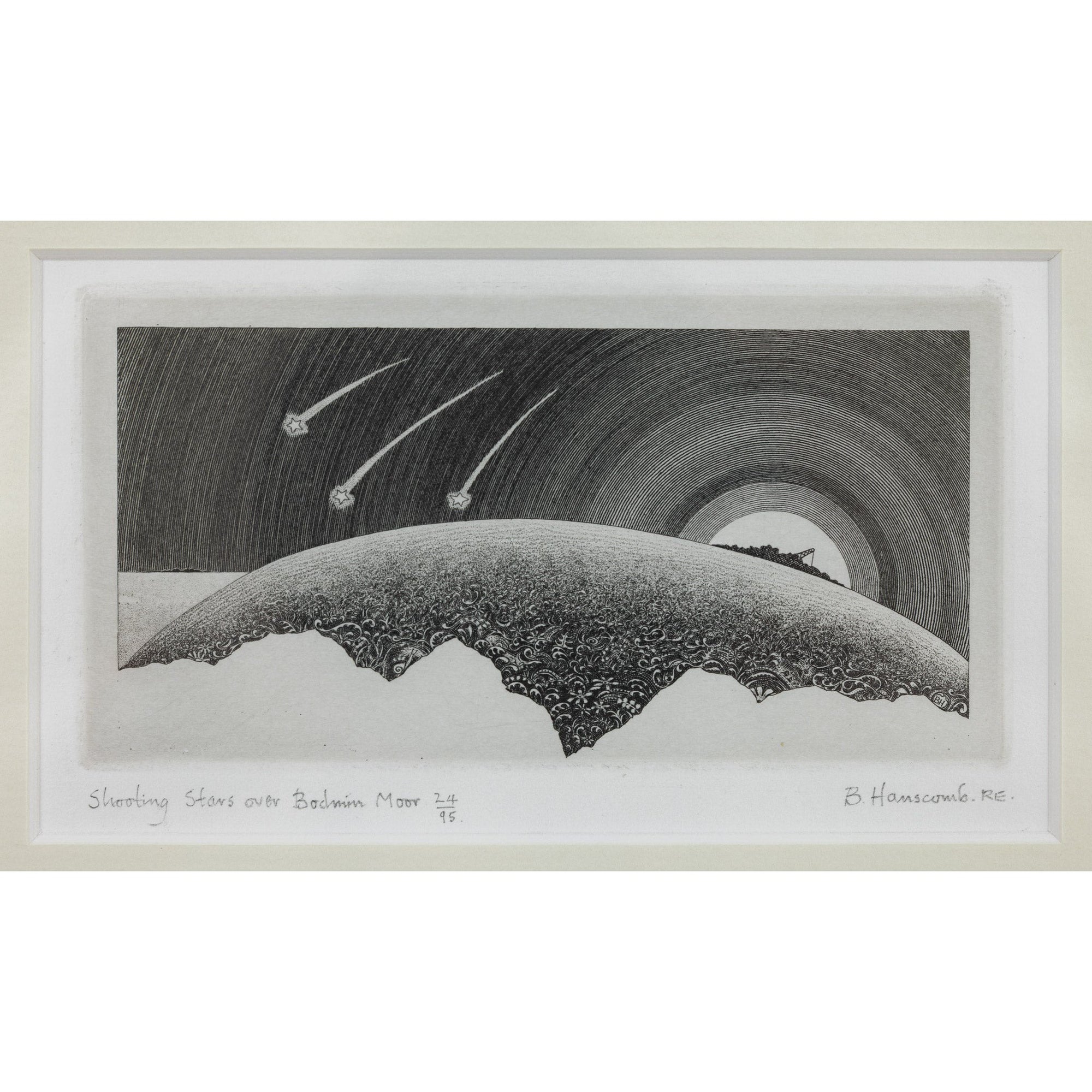 'Shooting Stars over Bodmin Moor' copperplate engraving by Brian Hanscomb, available at Padstow Gallery, Cornwall