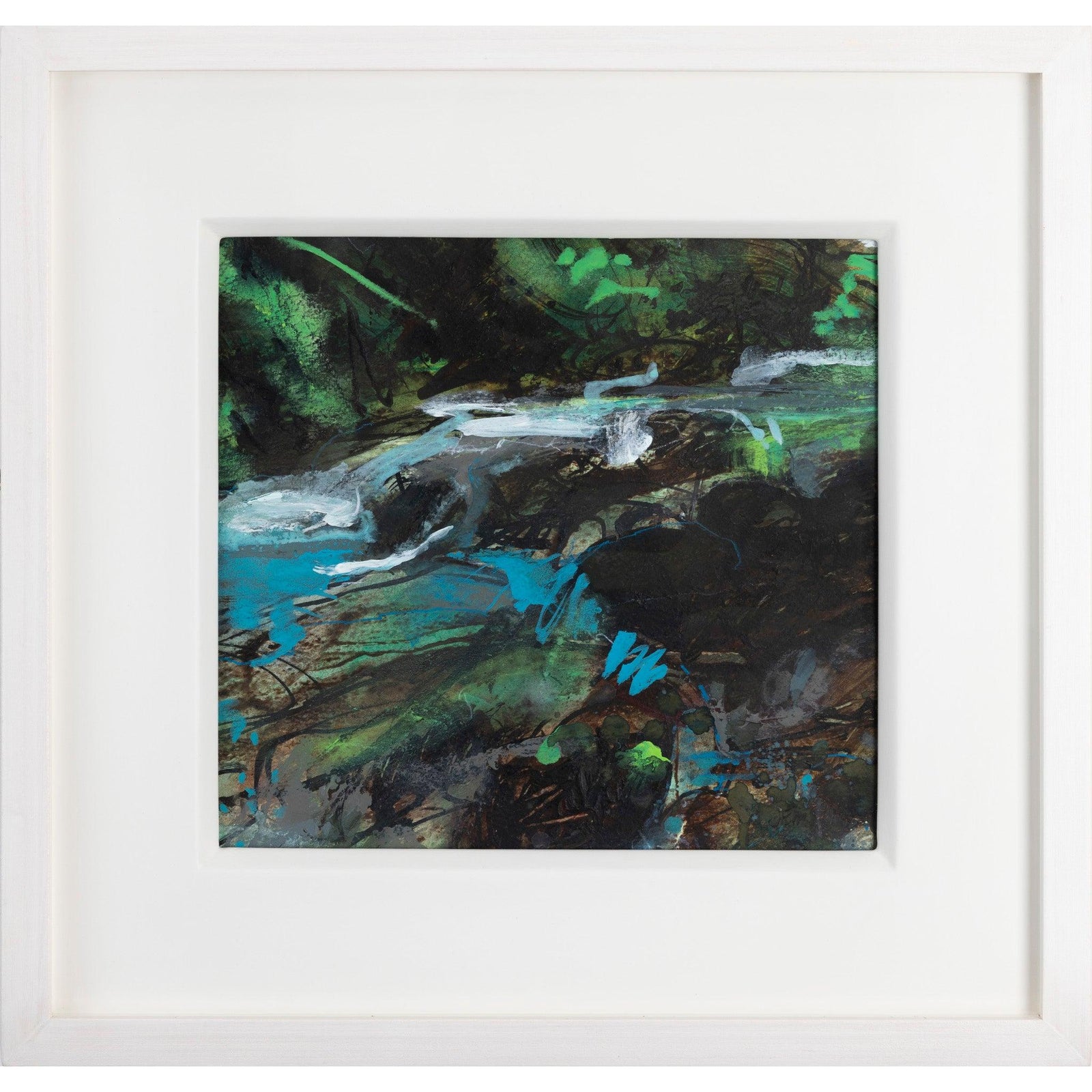 River Flowing mixed media framed painting by Jo Ellis available at Padstow Gallery, Cornwall