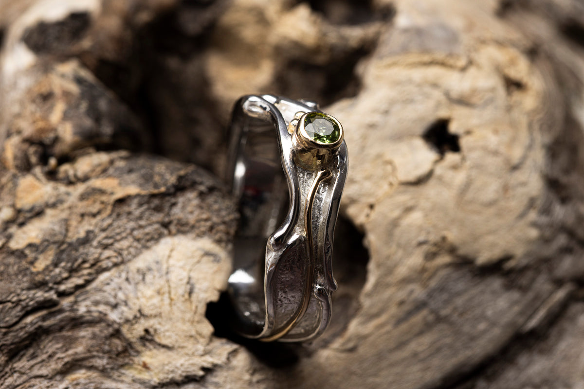 LG165 - Silver and 9ct Gold 3.5mm Green Tourmaline Ring by Les Grimshaw available at Padstow Gallery Cornwall