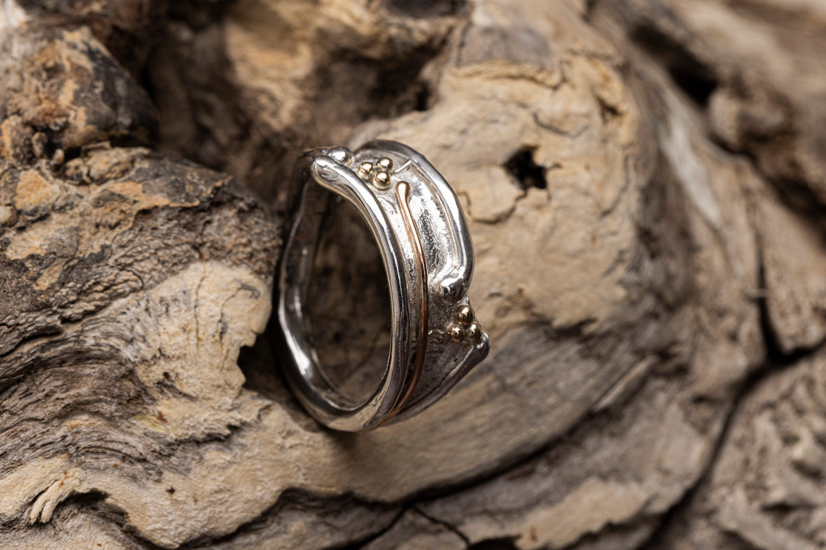 LG163 - Silver and 9ct Gold Beads Ring by Les Grimshaw available at Padstow Gallery Cornwall