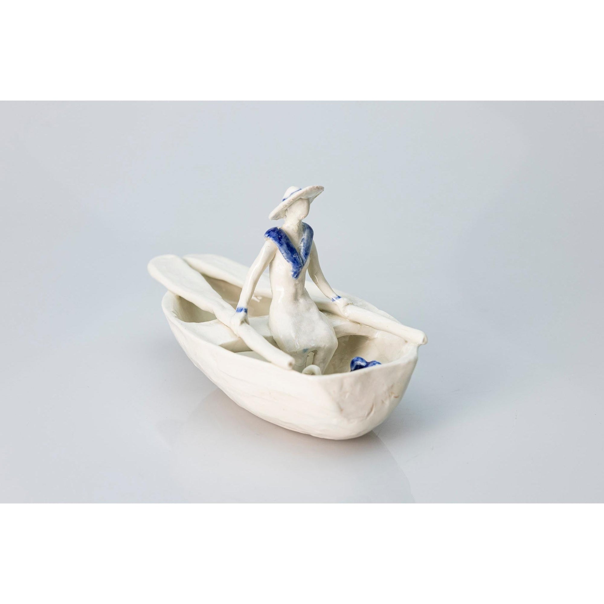 'Little Boat with Lady (SH63)' Stoneware Boat by Sophie Howard, available from Padstow Gallery, Cornwall