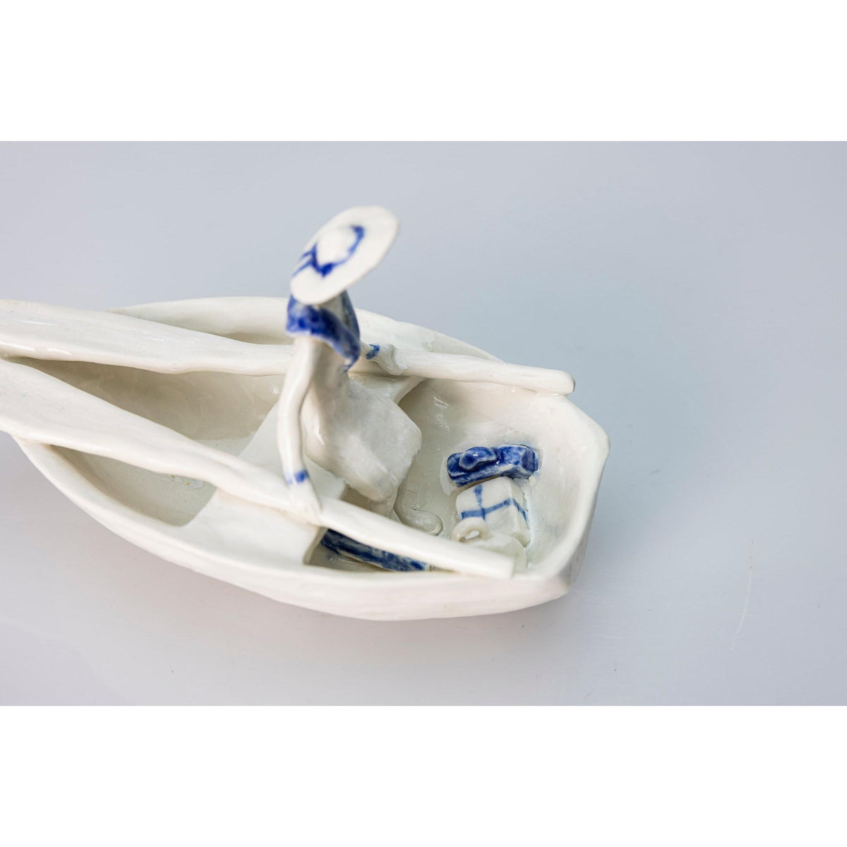 'Little Boat with Lady (SH63)' Stoneware Boat by Sophie Howard, available from Padstow Gallery, Cornwall