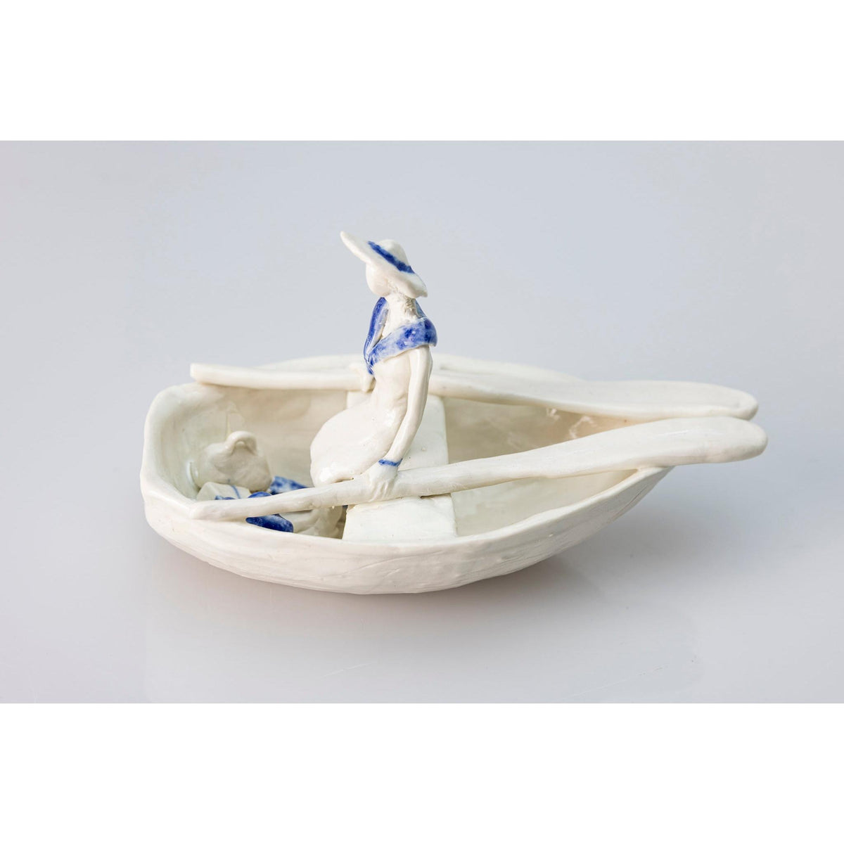 'Little Boat with Lady (SH63)' Stoneware Boat by Sophie Howard, available from Padstow Gallery, Cornwall