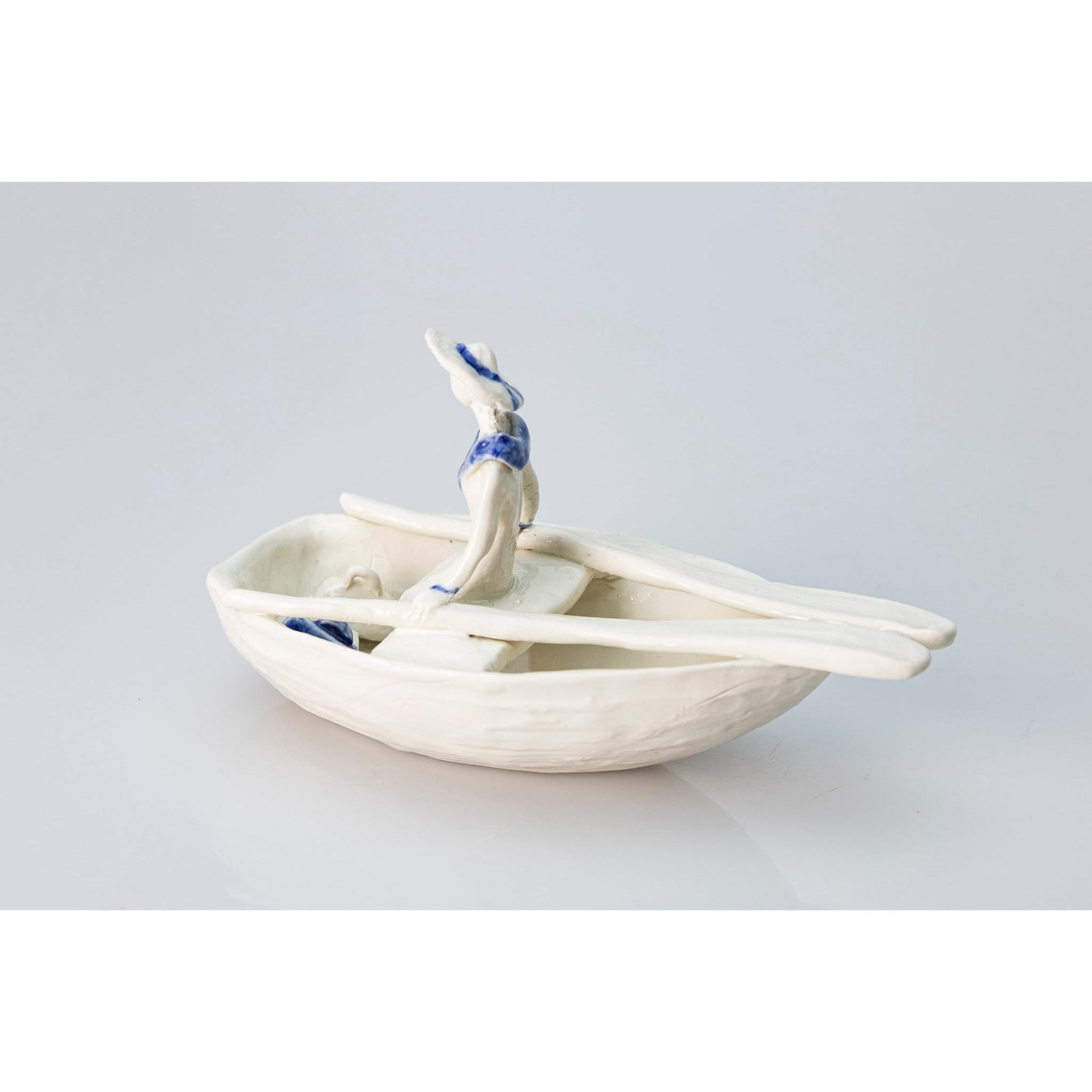 'Little Boat with Lady (SH63)' Stoneware Boat by Sophie Howard, available from Padstow Gallery, Cornwall