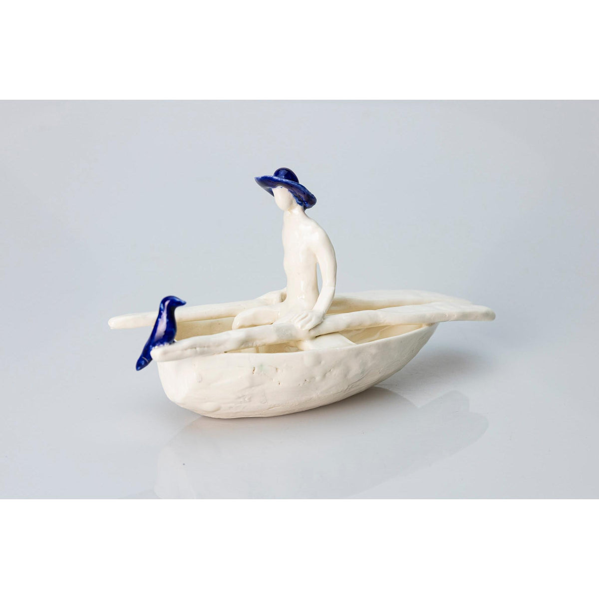 'Little Boat with Blue Bird (SH64)' Stoneware Boat by Sophie Howard, available from Padstow Gallery, Cornwall