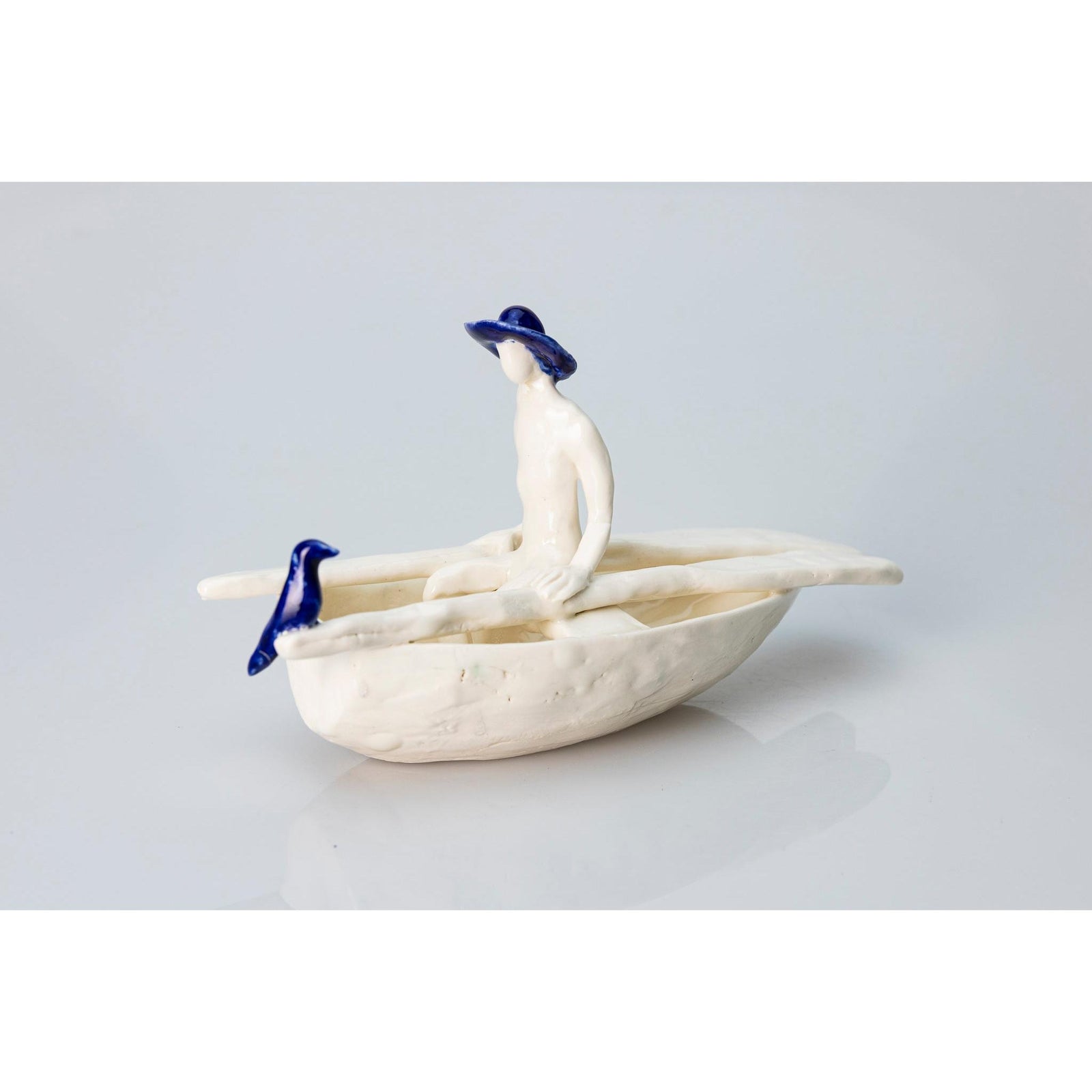 'Little Boat with Blue Bird (SH64)' Stoneware Boat by Sophie Howard, available from Padstow Gallery, Cornwall