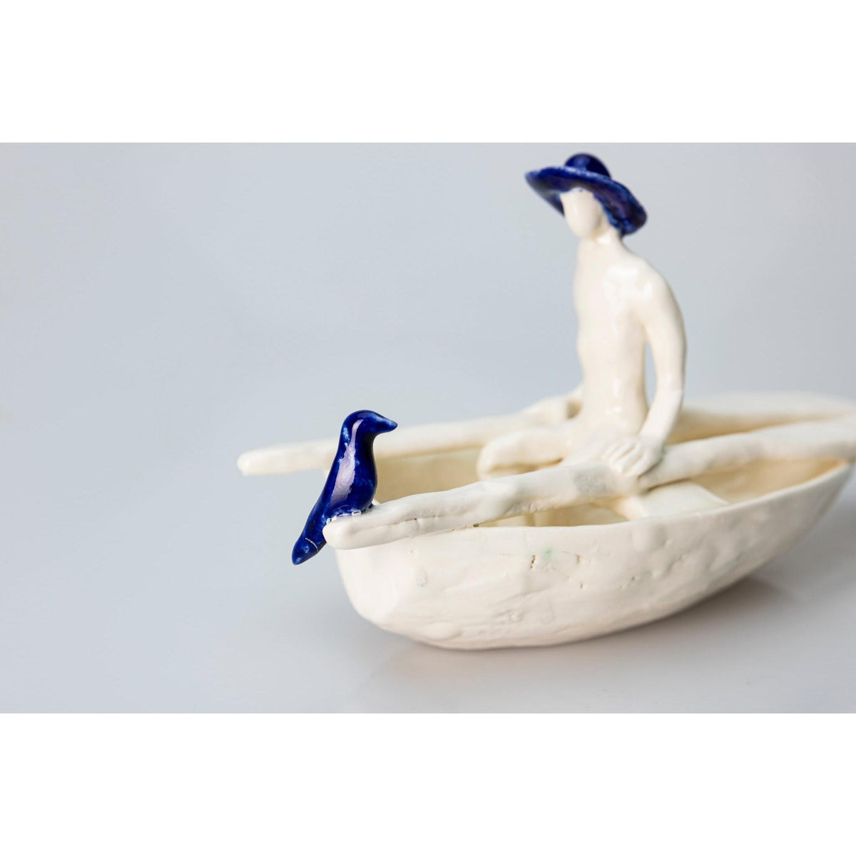 'Little Boat with Blue Bird (SH64)' Stoneware Boat by Sophie Howard, available from Padstow Gallery, Cornwall