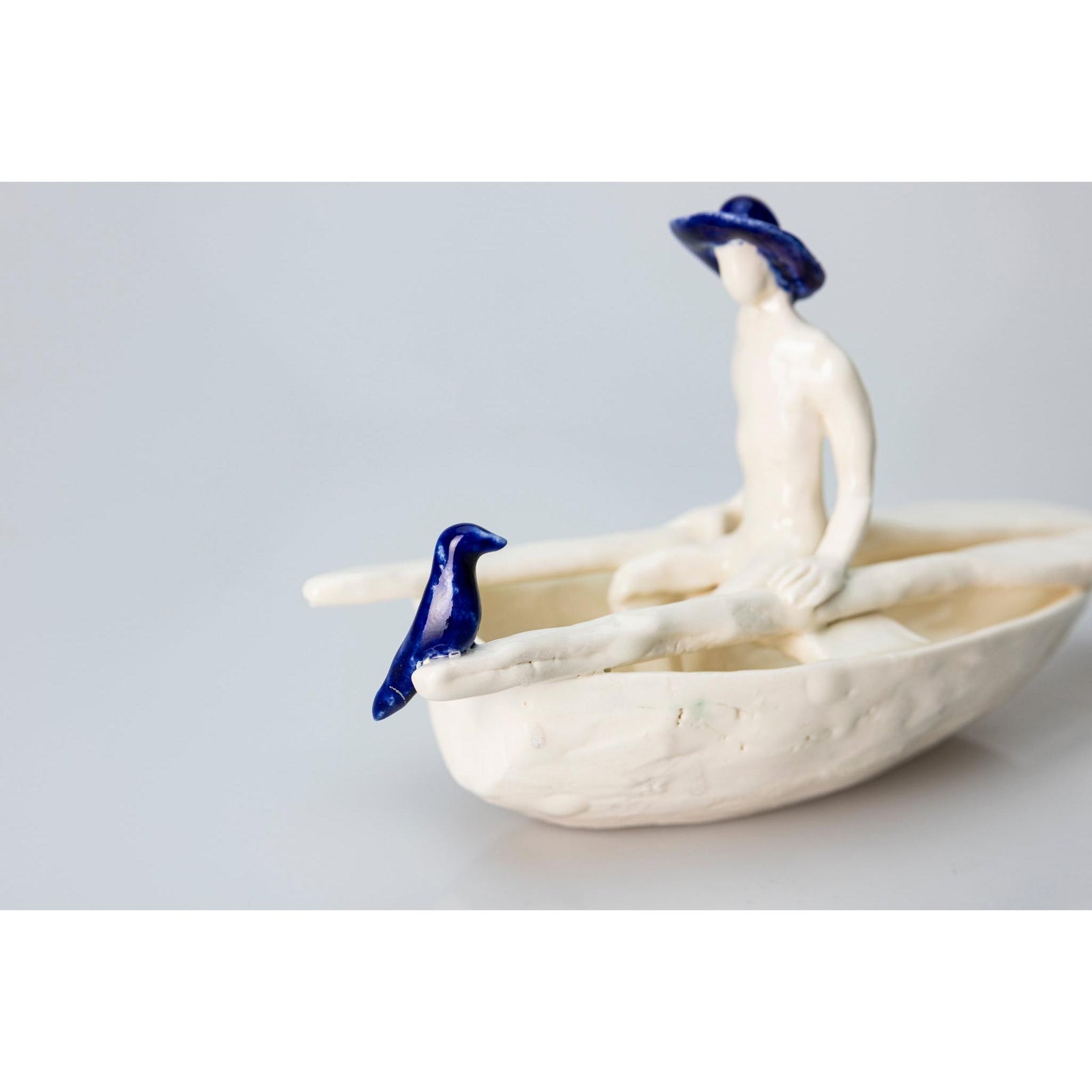 'Little Boat with Blue Bird (SH64)' Stoneware Boat by Sophie Howard, available from Padstow Gallery, Cornwall