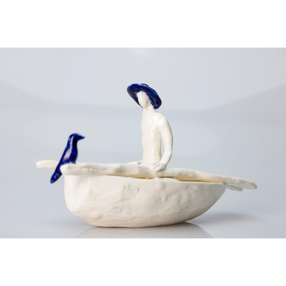 'Little Boat with Blue Bird (SH64)' Stoneware Boat by Sophie Howard, available from Padstow Gallery, Cornwall