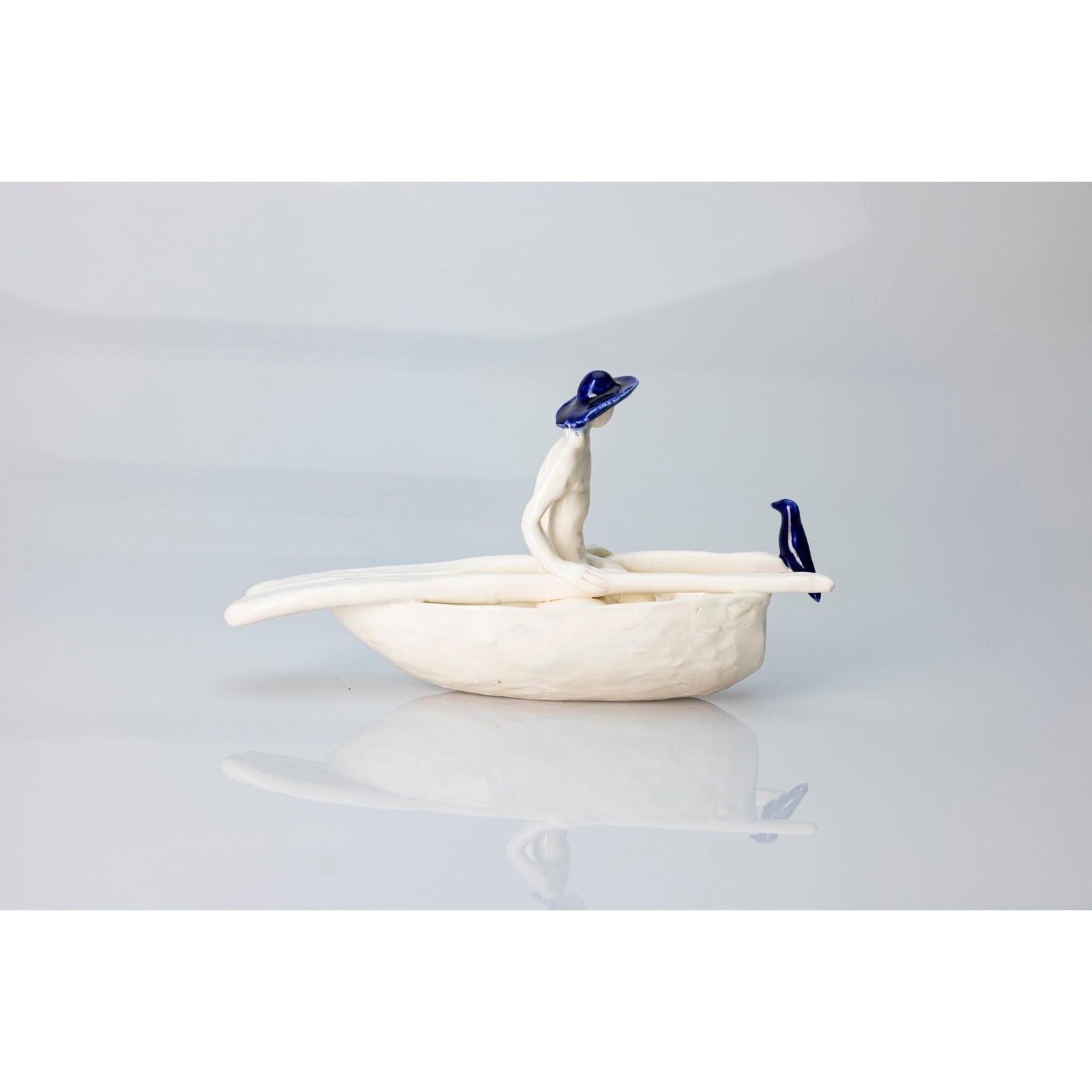 'Little Boat with Blue Bird (SH64)' Stoneware Boat by Sophie Howard, available from Padstow Gallery, Cornwall