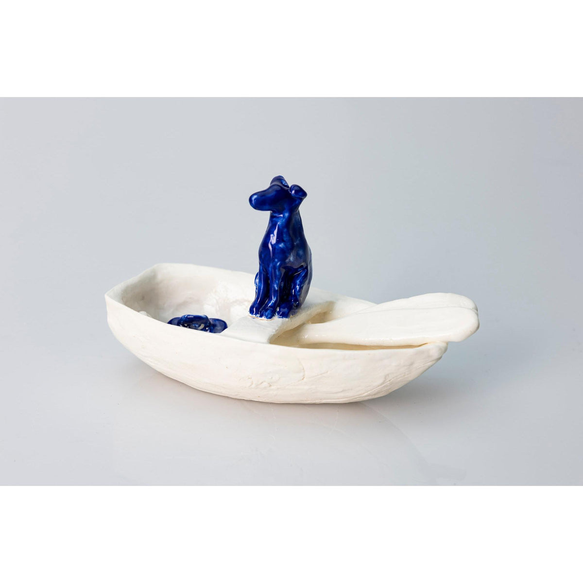 &#39;Little Boat with Blue Dog (SH65)&#39; Stoneware Boat by Sophie Howard, available from Padstow Gallery, Cornwall