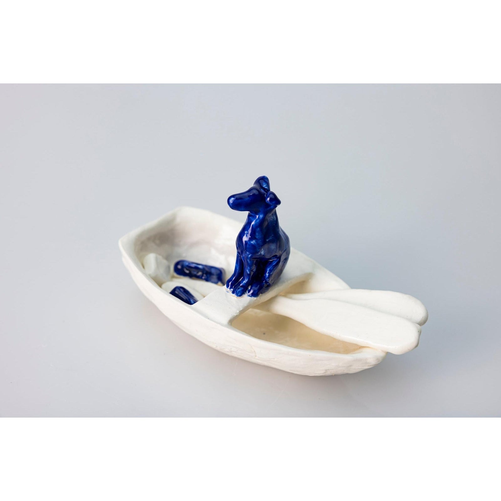 'Little Boat with Blue Dog (SH65)' Stoneware Boat by Sophie Howard, available from Padstow Gallery, Cornwall