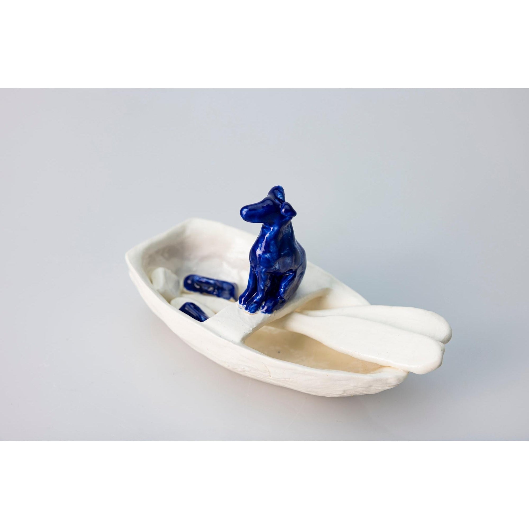 'Little Boat with Blue Dog (SH65)' Stoneware Boat by Sophie Howard, available from Padstow Gallery, Cornwall
