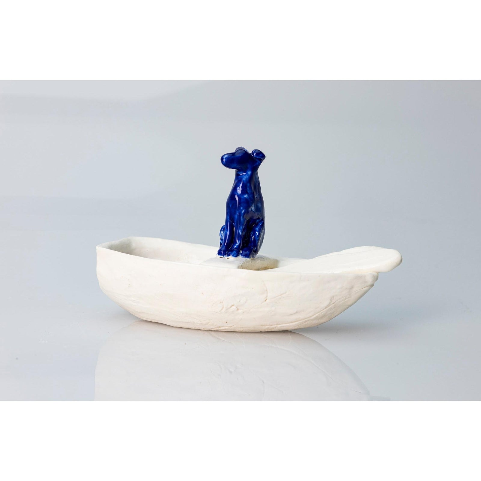 'Little Boat with Blue Dog (SH65)' Stoneware Boat by Sophie Howard, available from Padstow Gallery, Cornwall