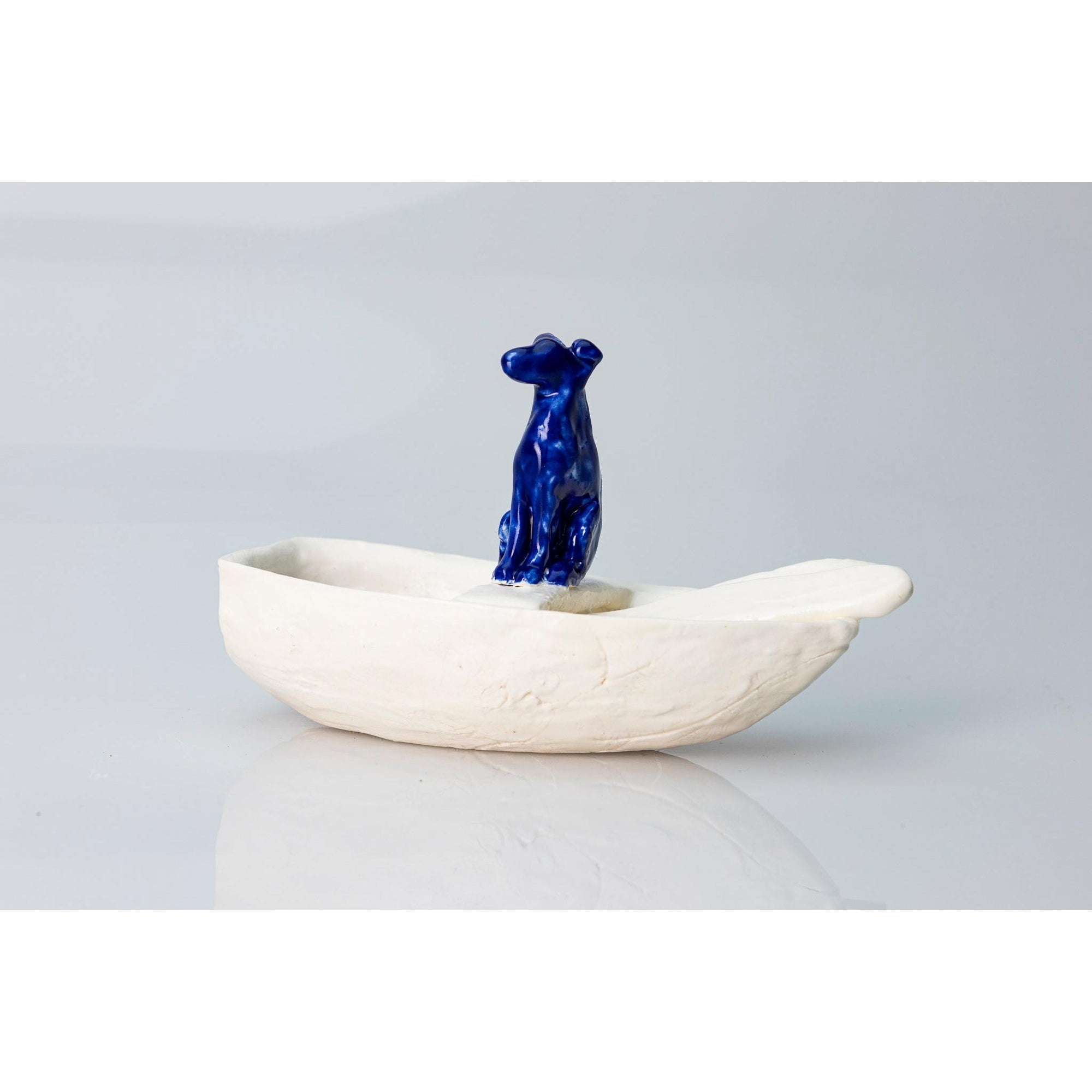 'Little Boat with Blue Dog (SH65)' Stoneware Boat by Sophie Howard, available from Padstow Gallery, Cornwall