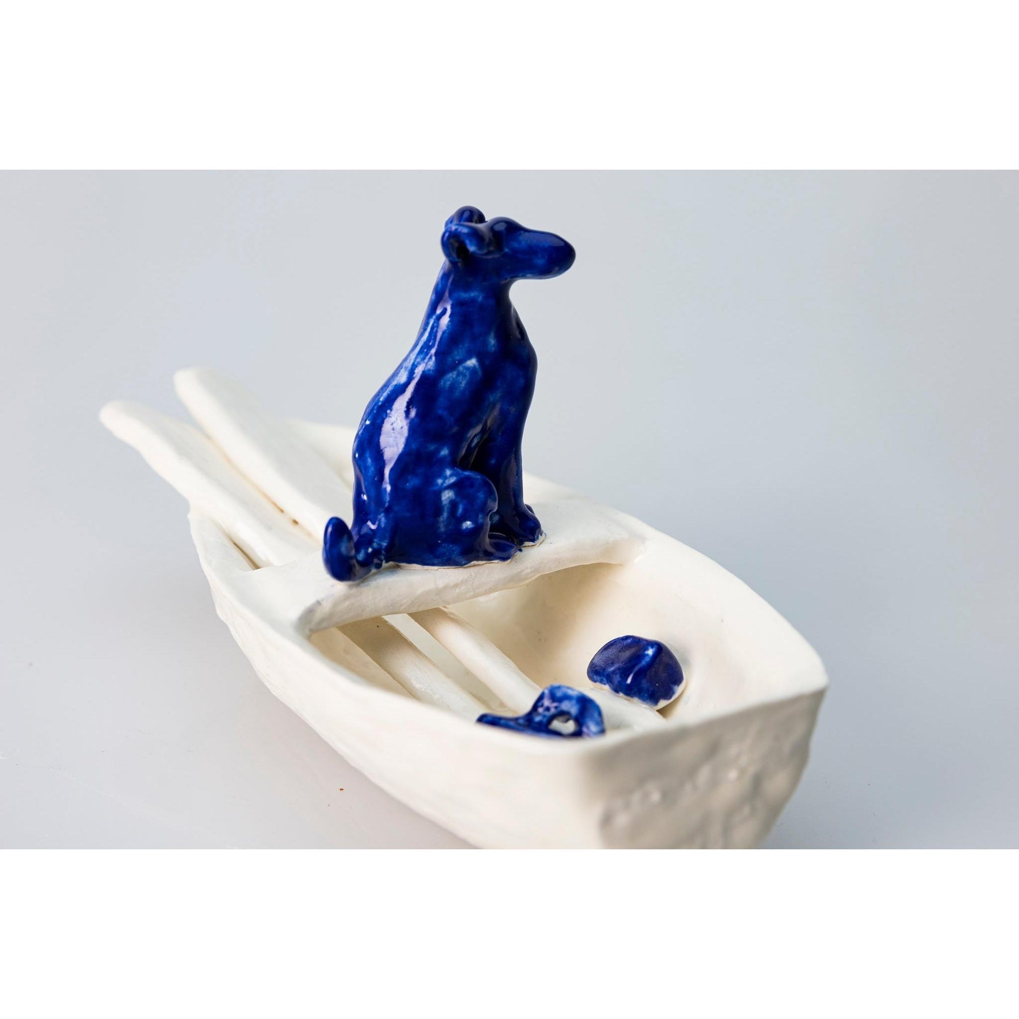 'Little Boat with Blue Dog (SH65)' Stoneware Boat by Sophie Howard, available from Padstow Gallery, Cornwall