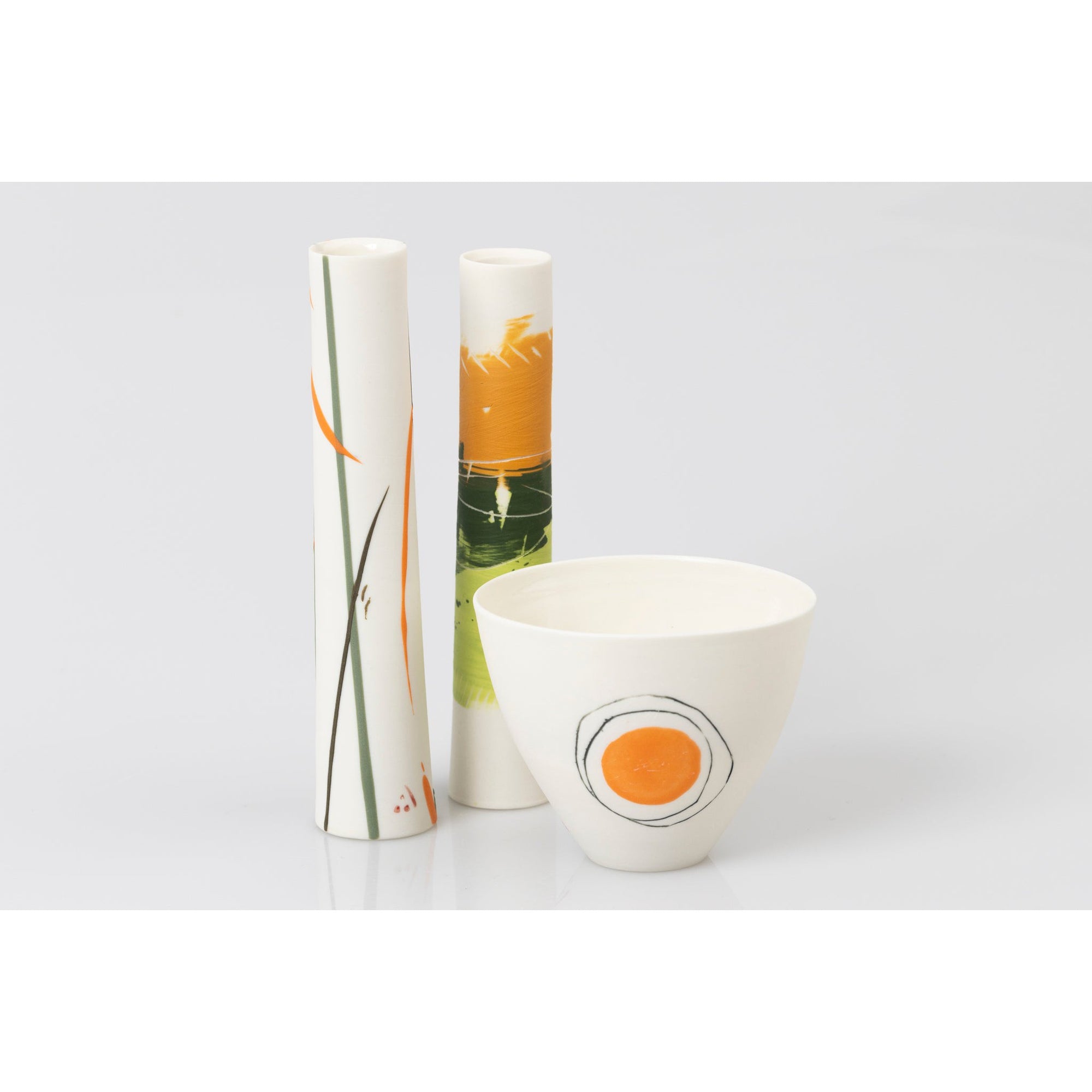 Stem Vases and cup, porcelain by Ali Tomlin ceramics, available at Padstow Gallery, Cornwall