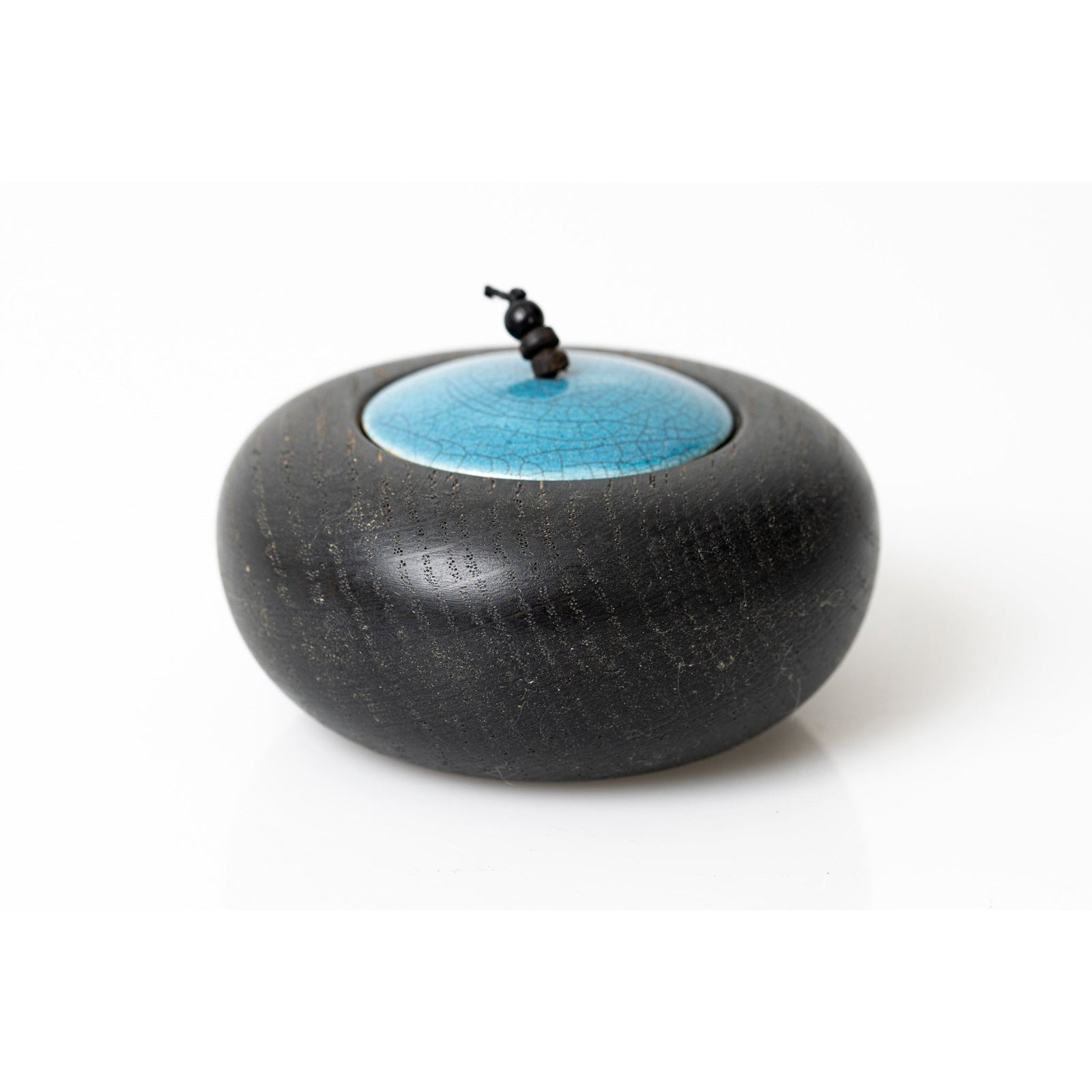 TT2 Small Ebonised Oak Pot with green/blue raku beaded lid by Kate Schuricht available at Padstow Gallery, Cornwall