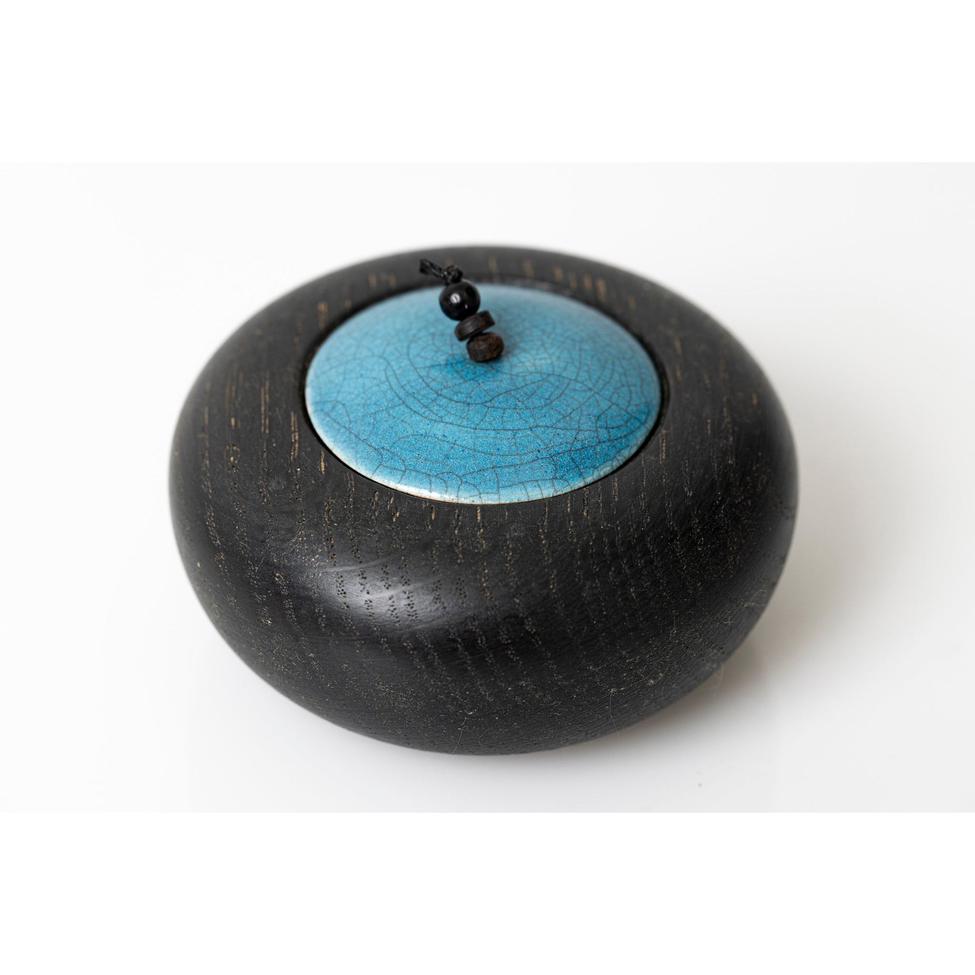 TT2 Small Ebonised Oak Pot with green/blue raku beaded lid by Kate Schuricht available at Padstow Gallery, Cornwall