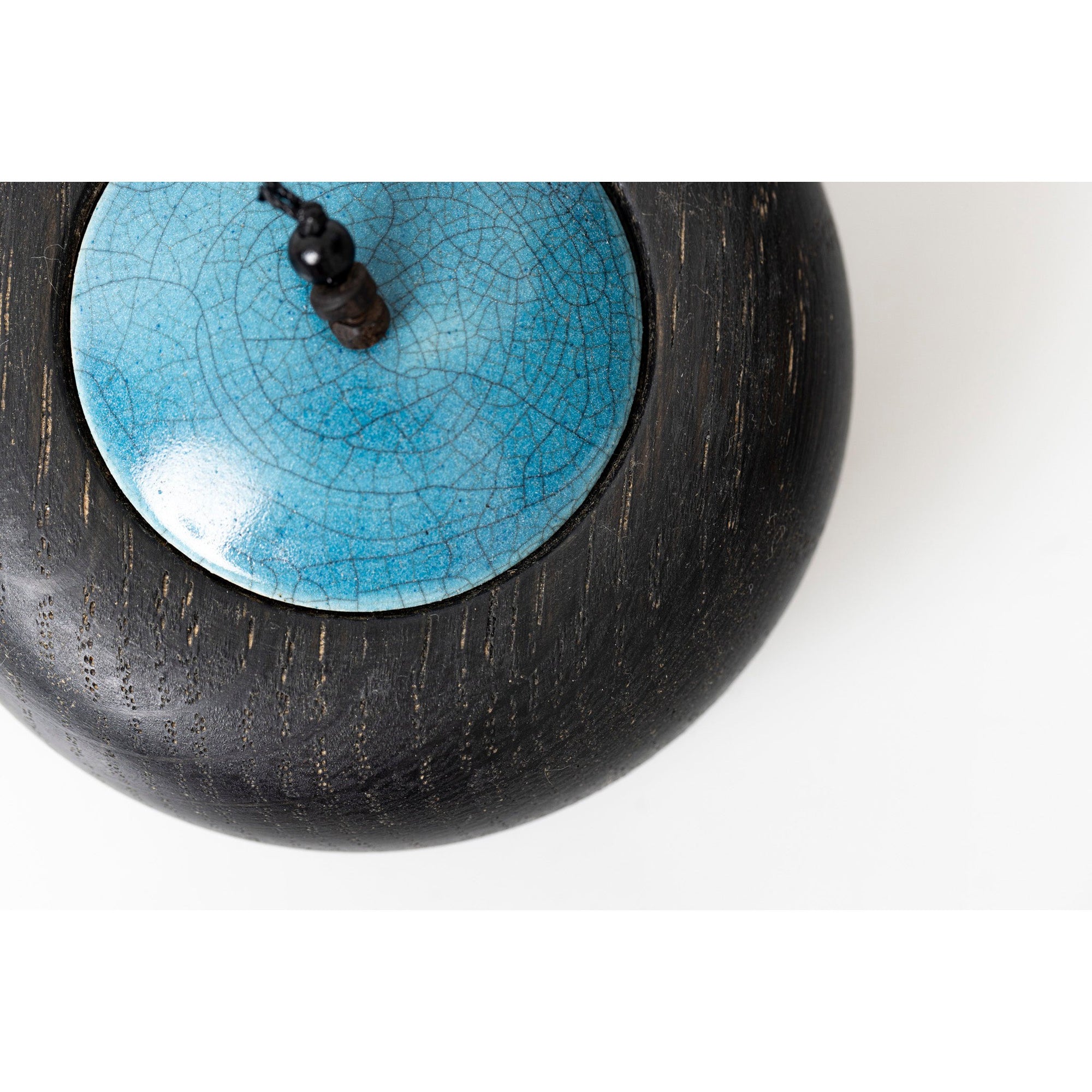 TT2 Small Ebonised Oak Pot with green/blue raku beaded lid by Kate Schuricht available at Padstow Gallery, Cornwall