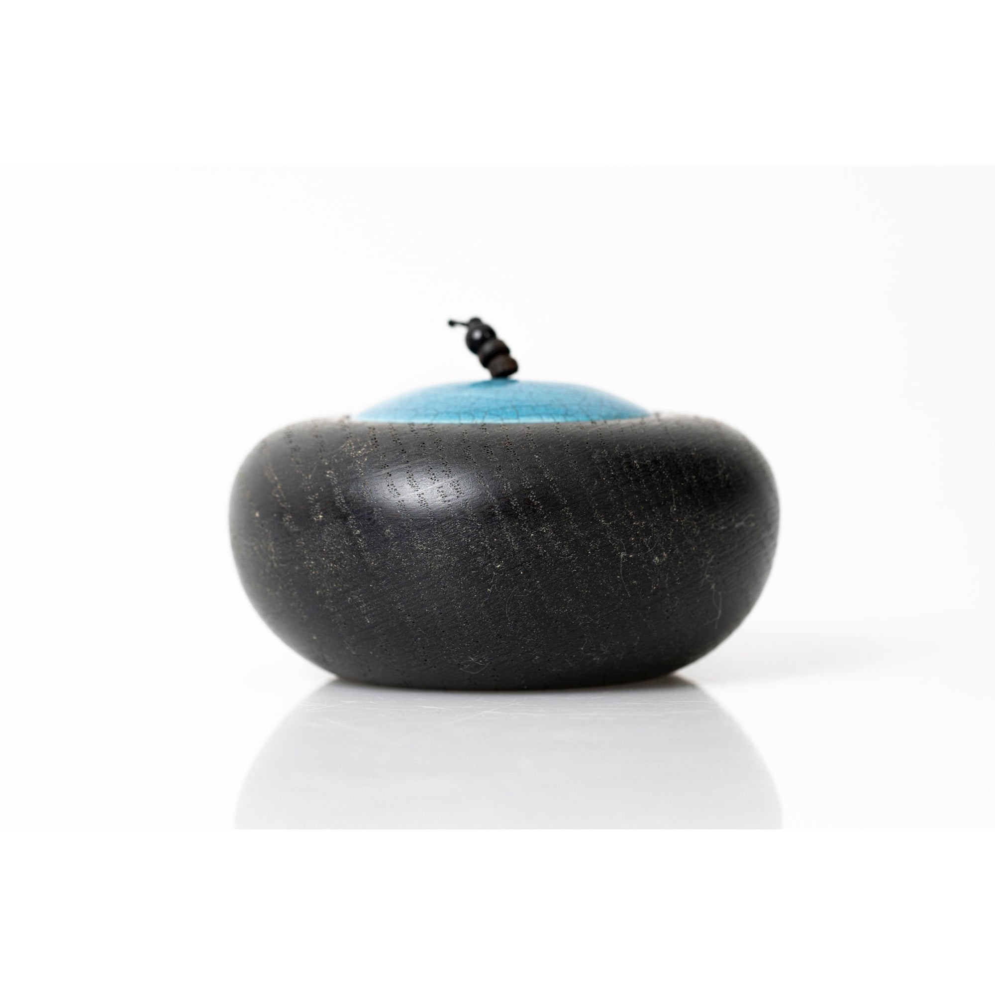 TT2 Small Ebonised Oak Pot with green/blue raku beaded lid by Kate Schuricht available at Padstow Gallery, Cornwall