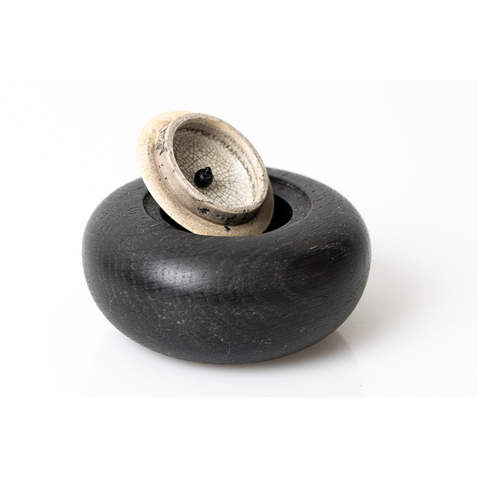 TT2 Small Ebonised Oak Pot with green/blue raku beaded lid by Kate Schuricht available at Padstow Gallery, Cornwall