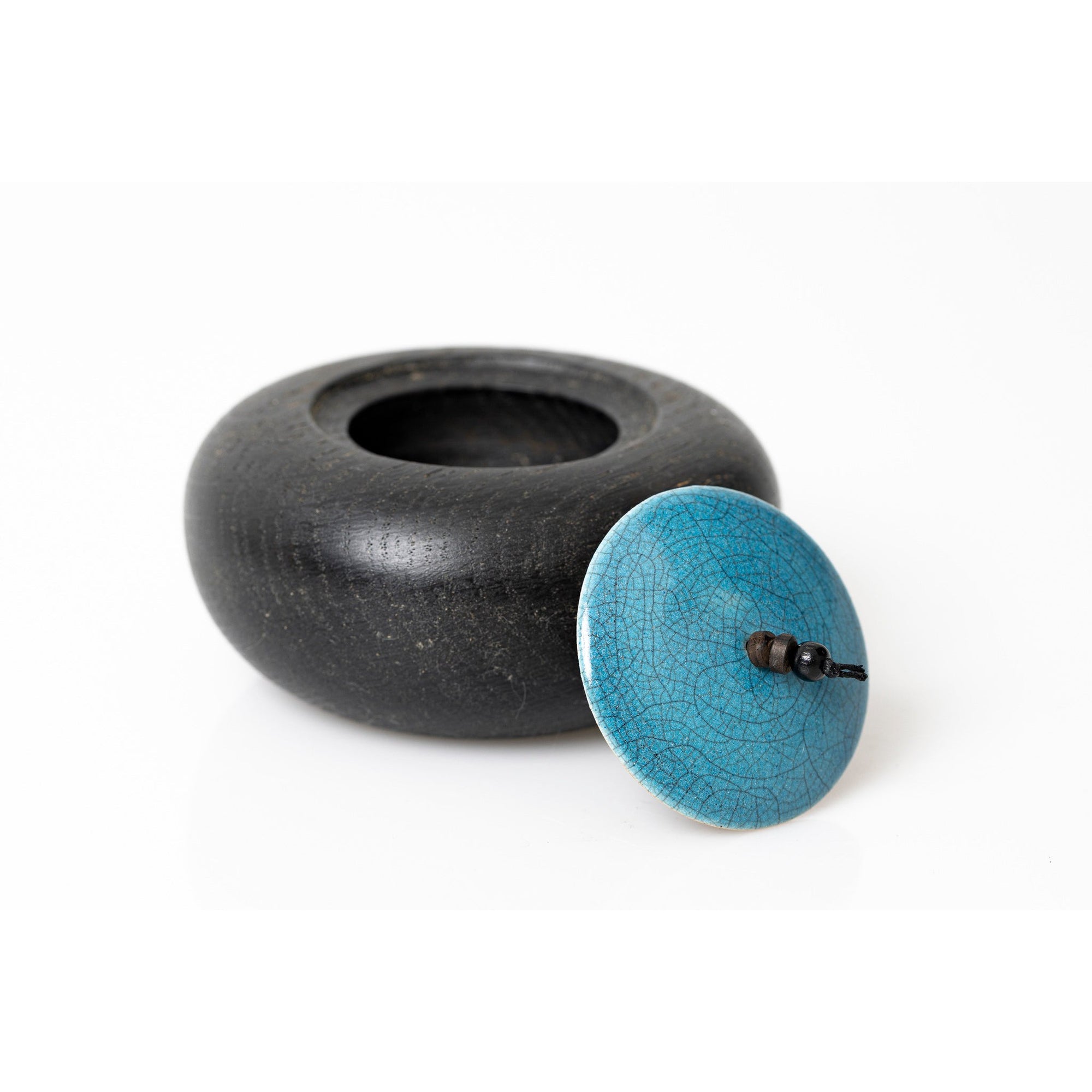 TT2 Small Ebonised Oak Pot with green/blue raku beaded lid by Kate Schuricht available at Padstow Gallery, Cornwall