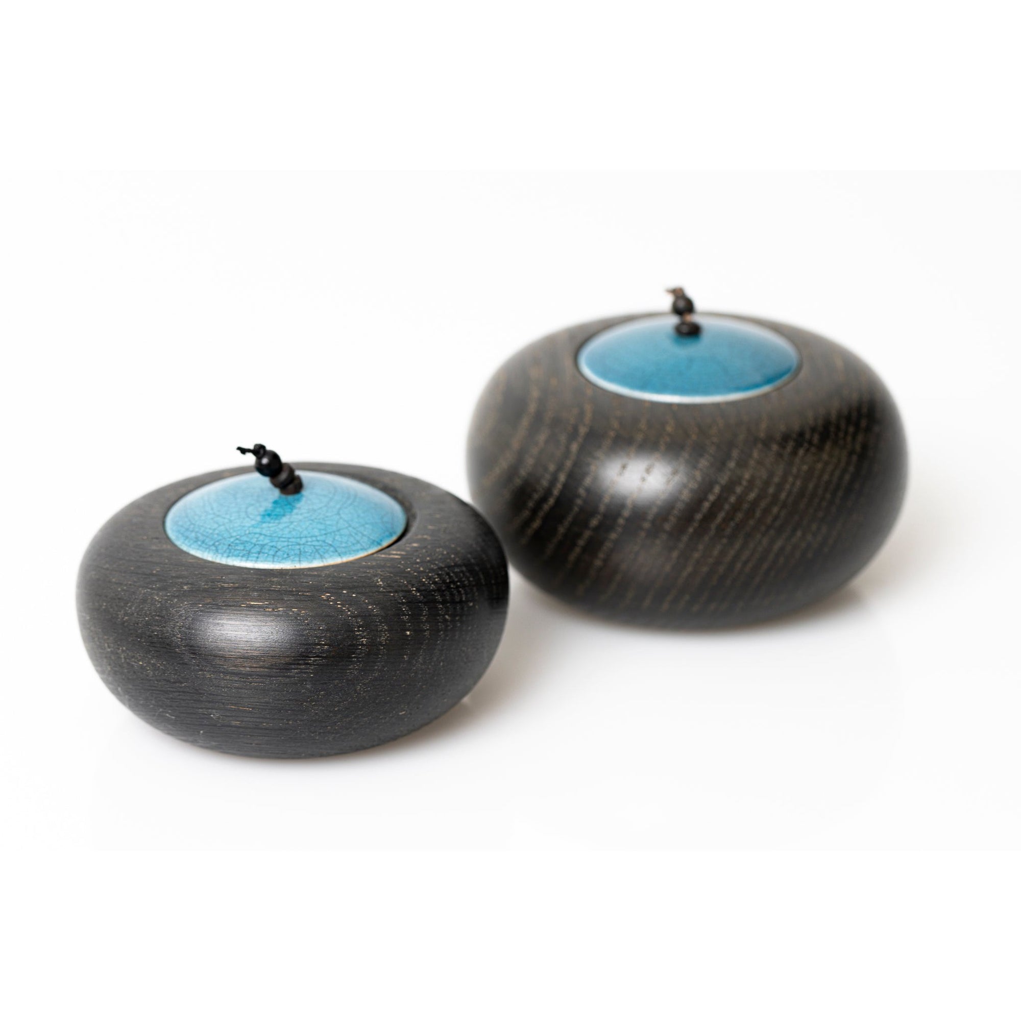 TT2 and TT1 Small Ebonised Oak Pot with green/blue raku beaded lid by Kate Schuricht available at Padstow Gallery, Cornwall