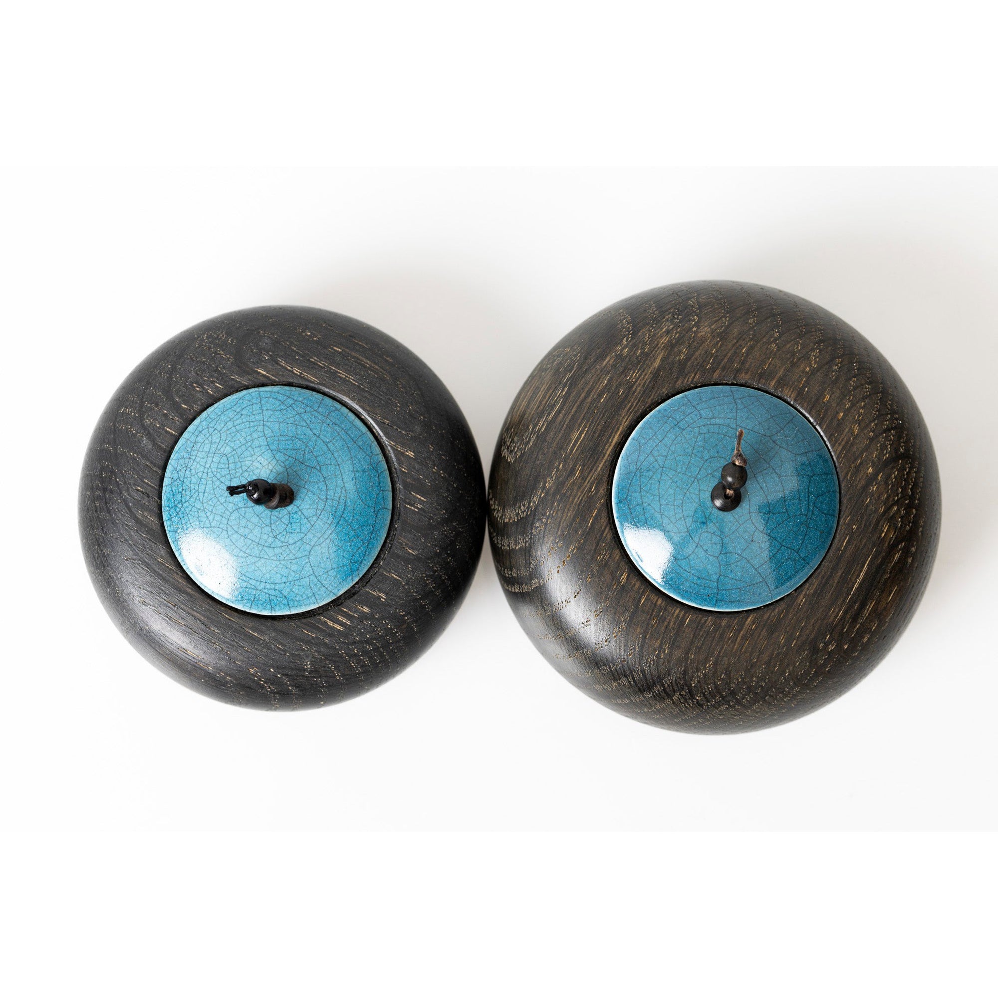 TT2 and TT1 Small Ebonised Oak Pot with green/blue raku beaded lid by Kate Schuricht available at Padstow Gallery, Cornwall