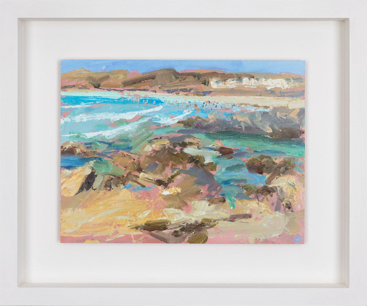 &#39;Polzeath from Tristram&#39; acrylic original by Andrew Jago, available at Padstow Gallery, Cornwall