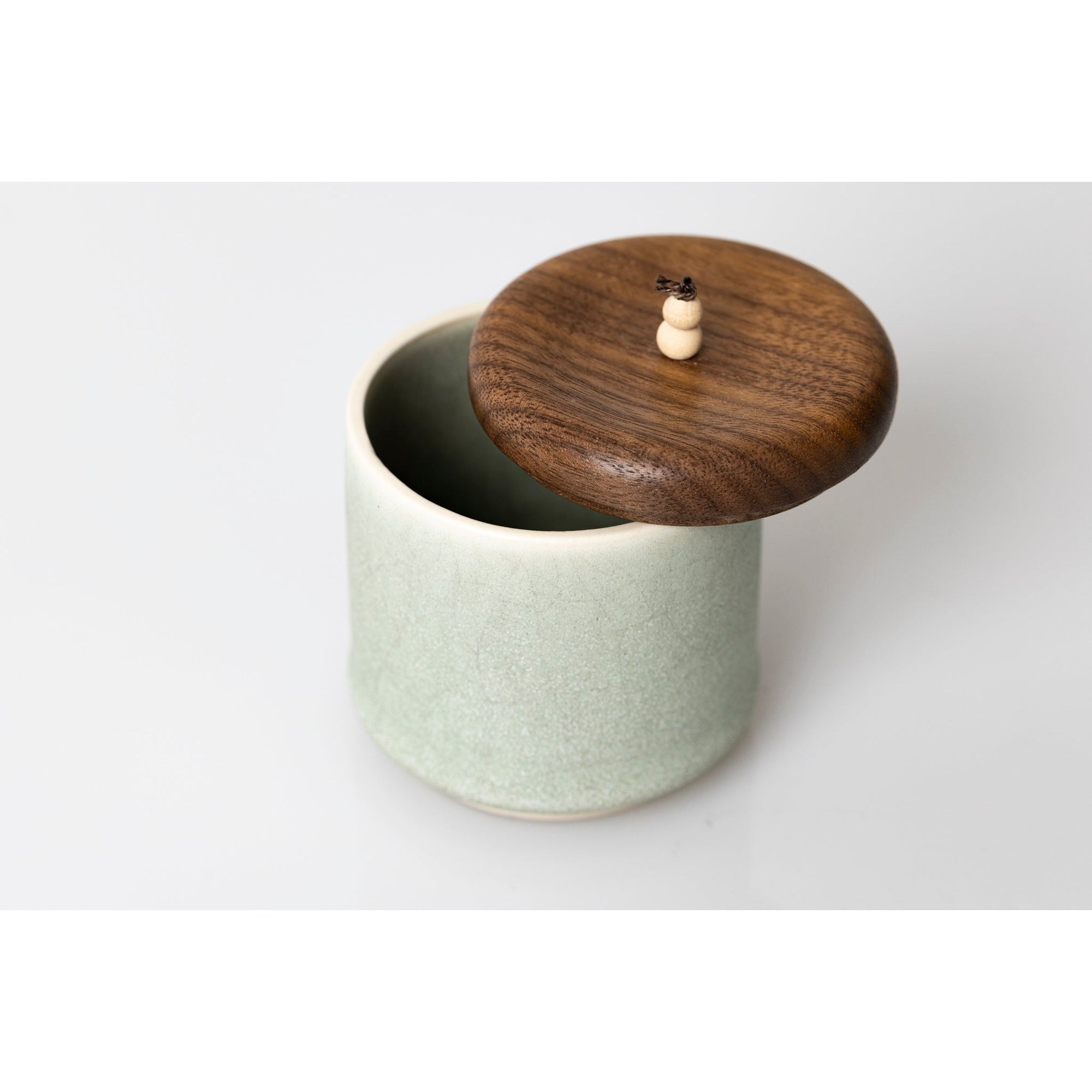 MM1 Large Sea Green/Grey Pot with Walnut Beaded Lid by Kate Schuricht ceramics available at Padstow Gallery, Cornwall