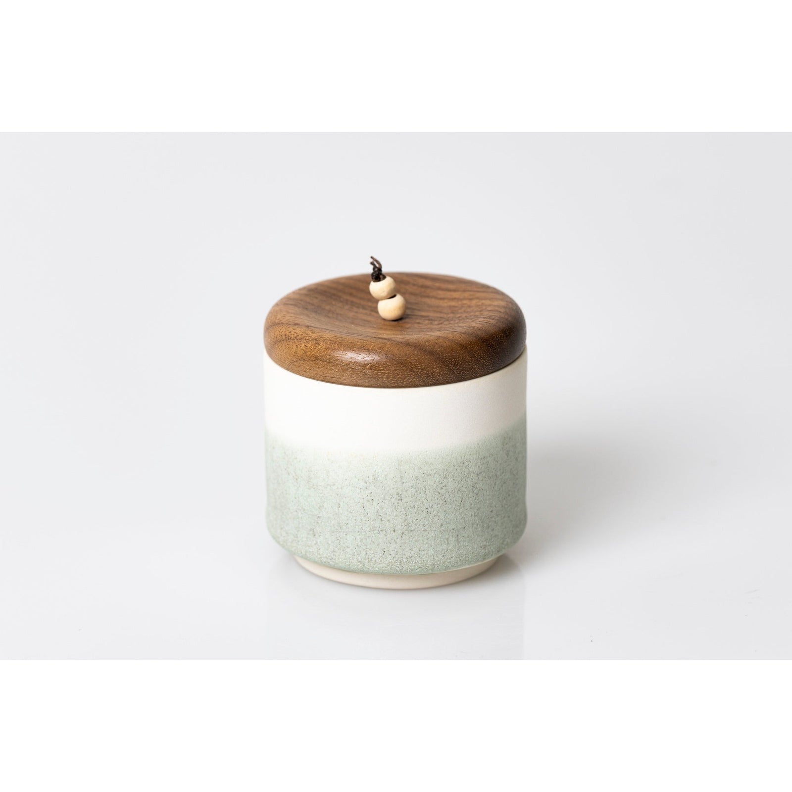 MM2 Medium White/Sea Green Pot with Walnut Beaded Lid by Kate Schuricht ceramics available at Padstow Gallery, Cornwall