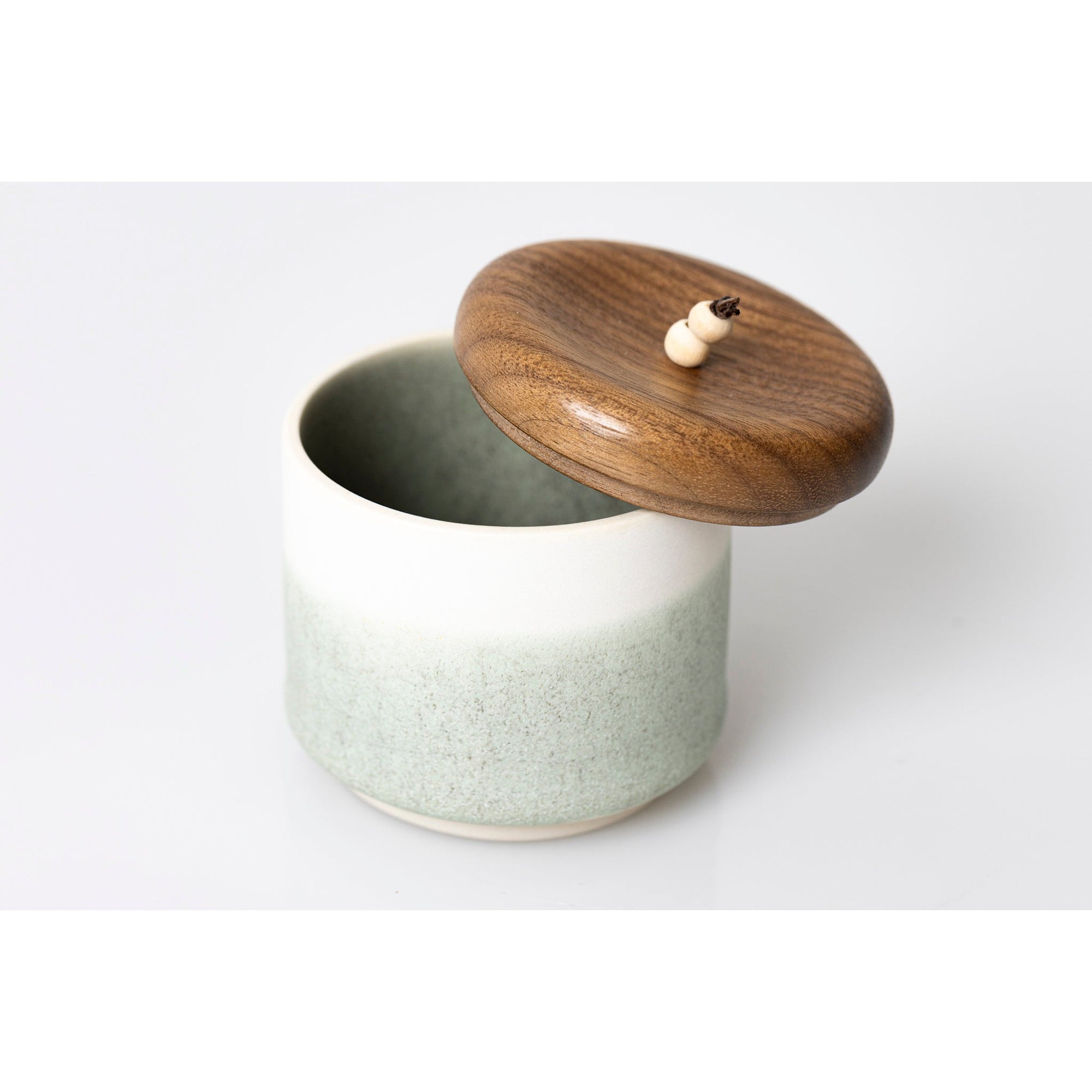 MM2 Medium White/Sea Green Pot with Walnut Beaded Lid by Kate Schuricht ceramics available at Padstow Gallery, Cornwall