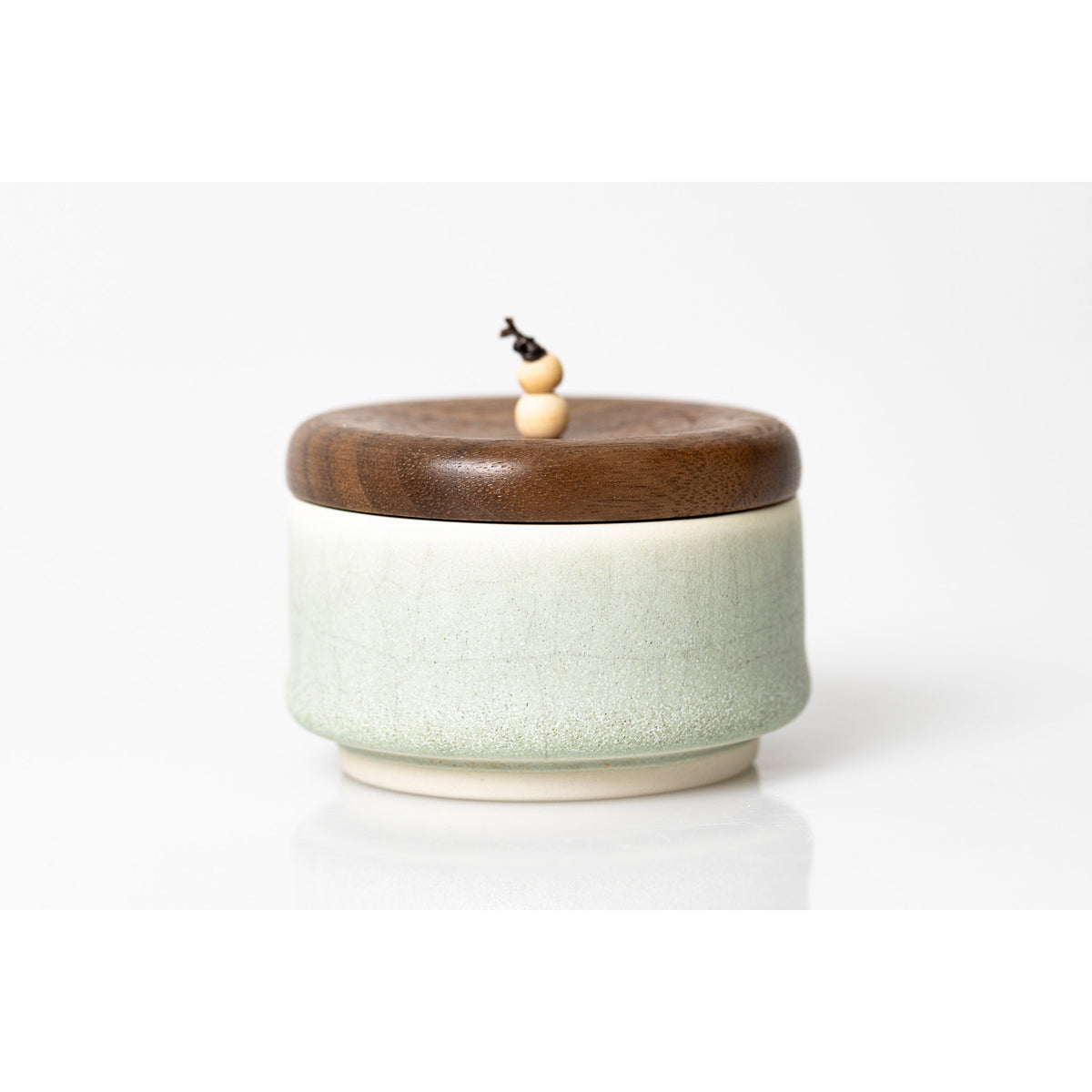 MM3 Small Sea Green/Grey Pot with Walnut Beaded Lid by Kate Schuricht ceramics available at Padstow Gallery, Cornwall