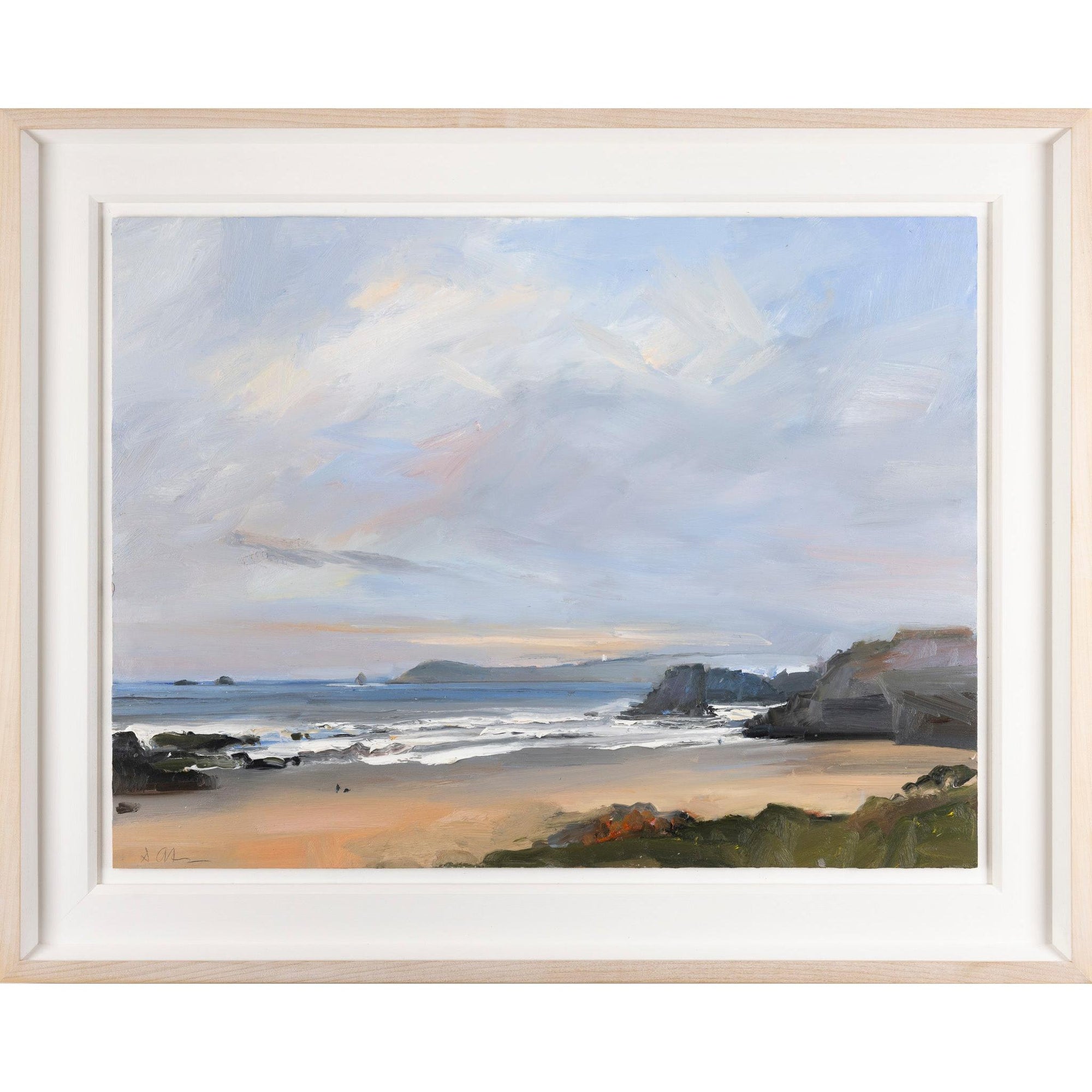 'Porthcothan Beach, Cornwall' oil on board original by David Atkins, available at Padstow Gallery, Cornwall