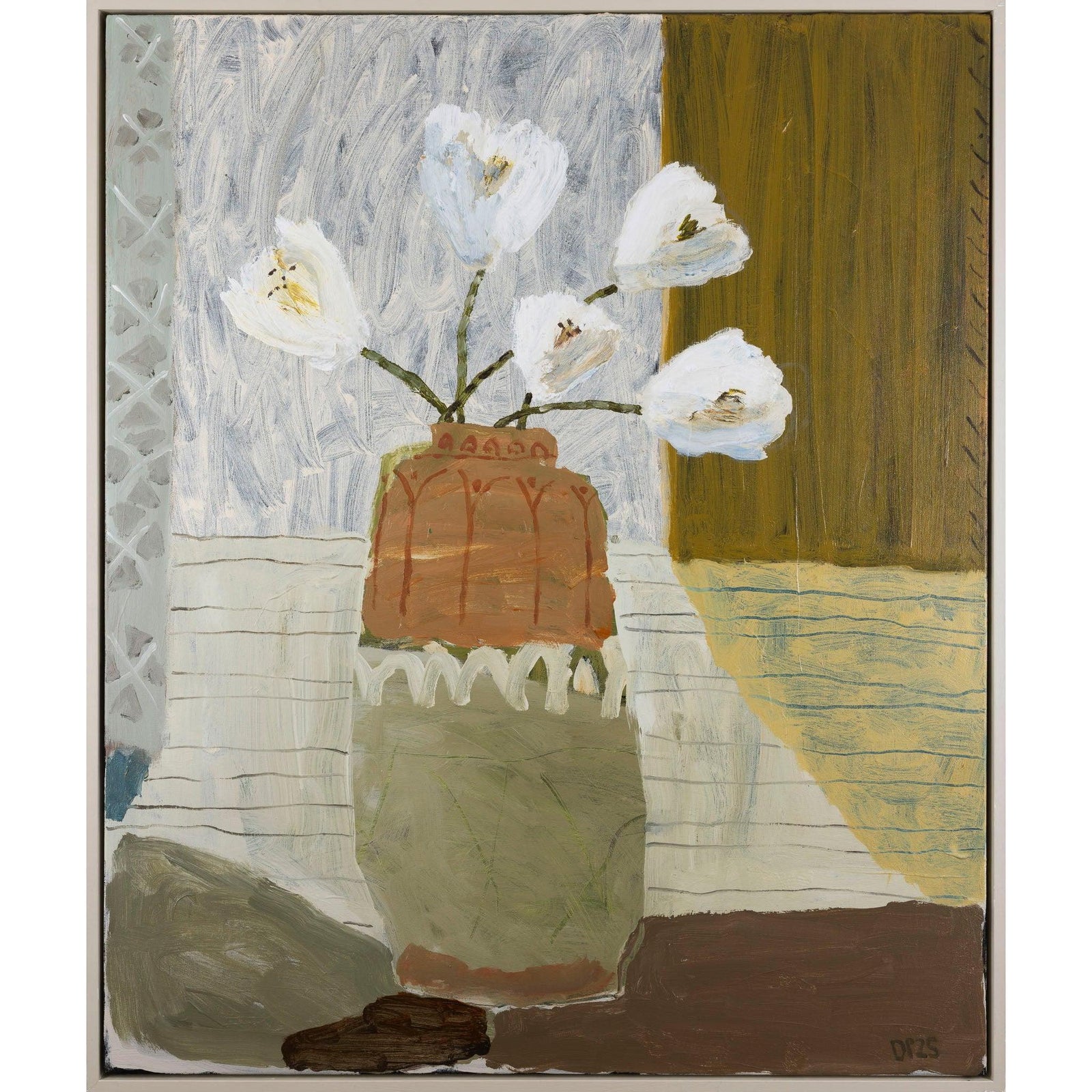 White Flowers, Terracotta Vase, oil on canvas by David Pearce, available at Padstow Gallery, Cornwall