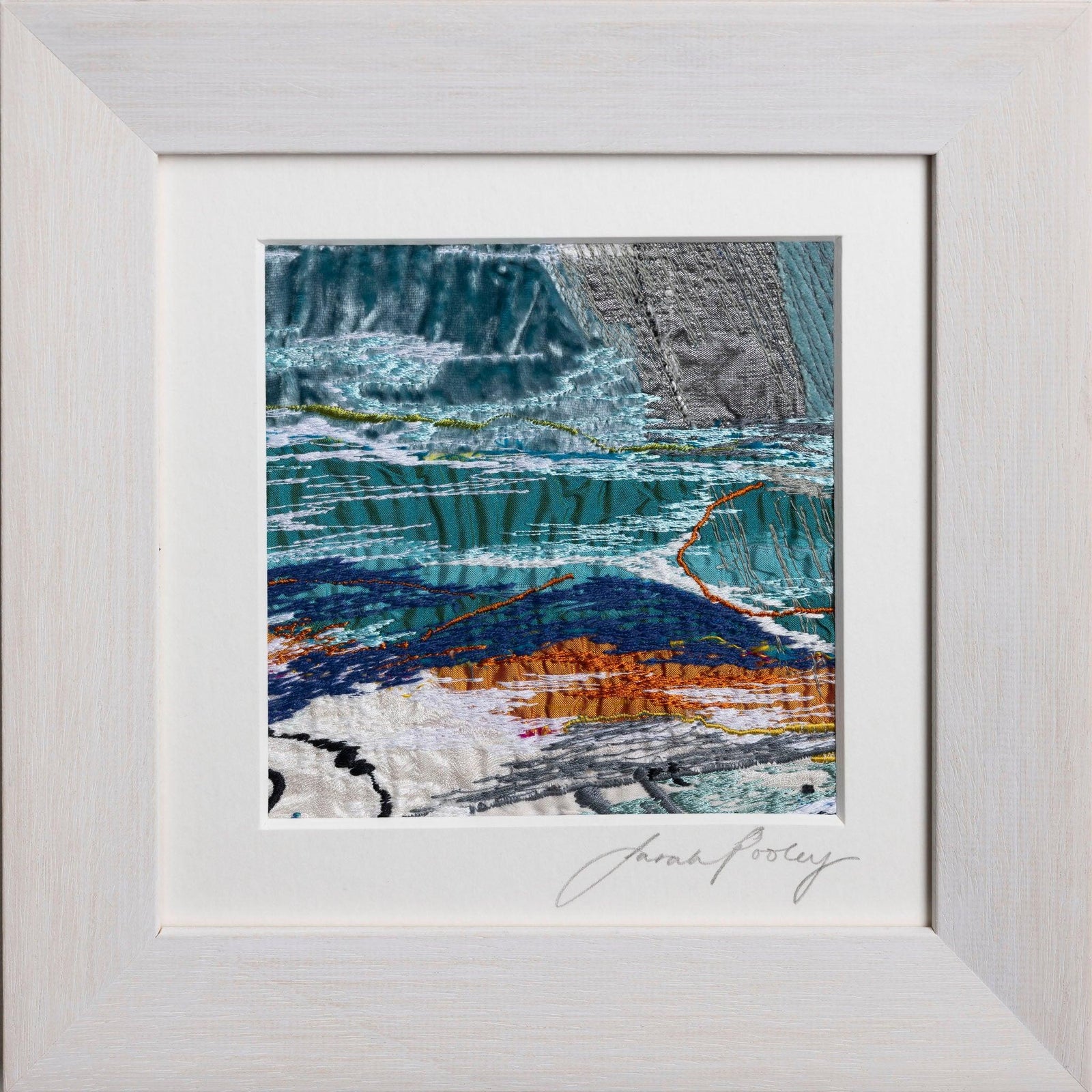 Deep pools over warm sand, free machine embroidery, by Sarah Pooley, available at Padstow Gallery, Cornwall
