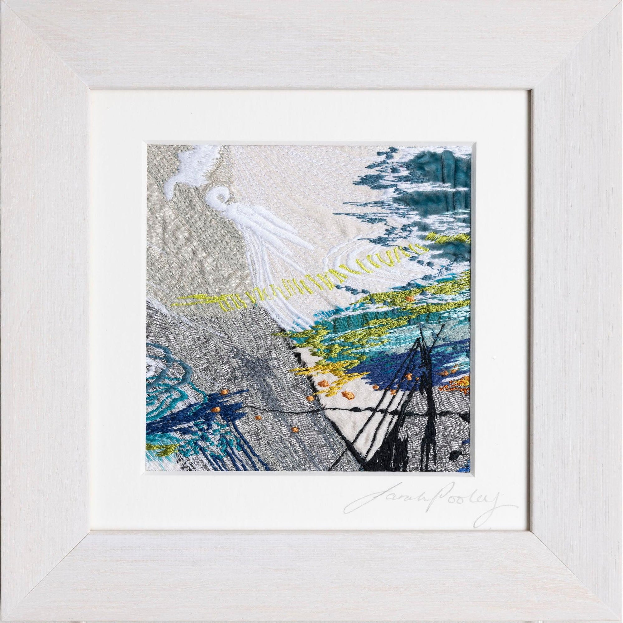 Eddying tide, free machine embroidery, by Sarah Pooley, available at Padstow Gallery, Cornwall