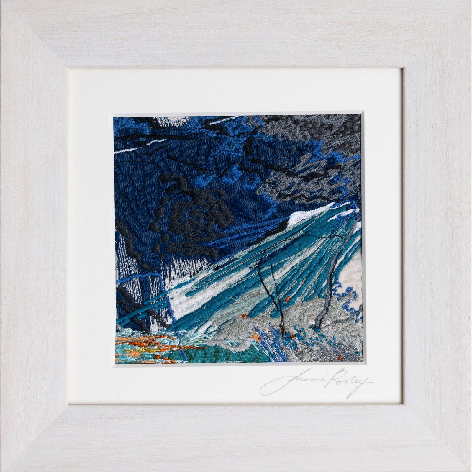 Retreating tide revealing pools, free machine embroidery, by Sarah Pooley, available at Padstow Gallery, Cornwall