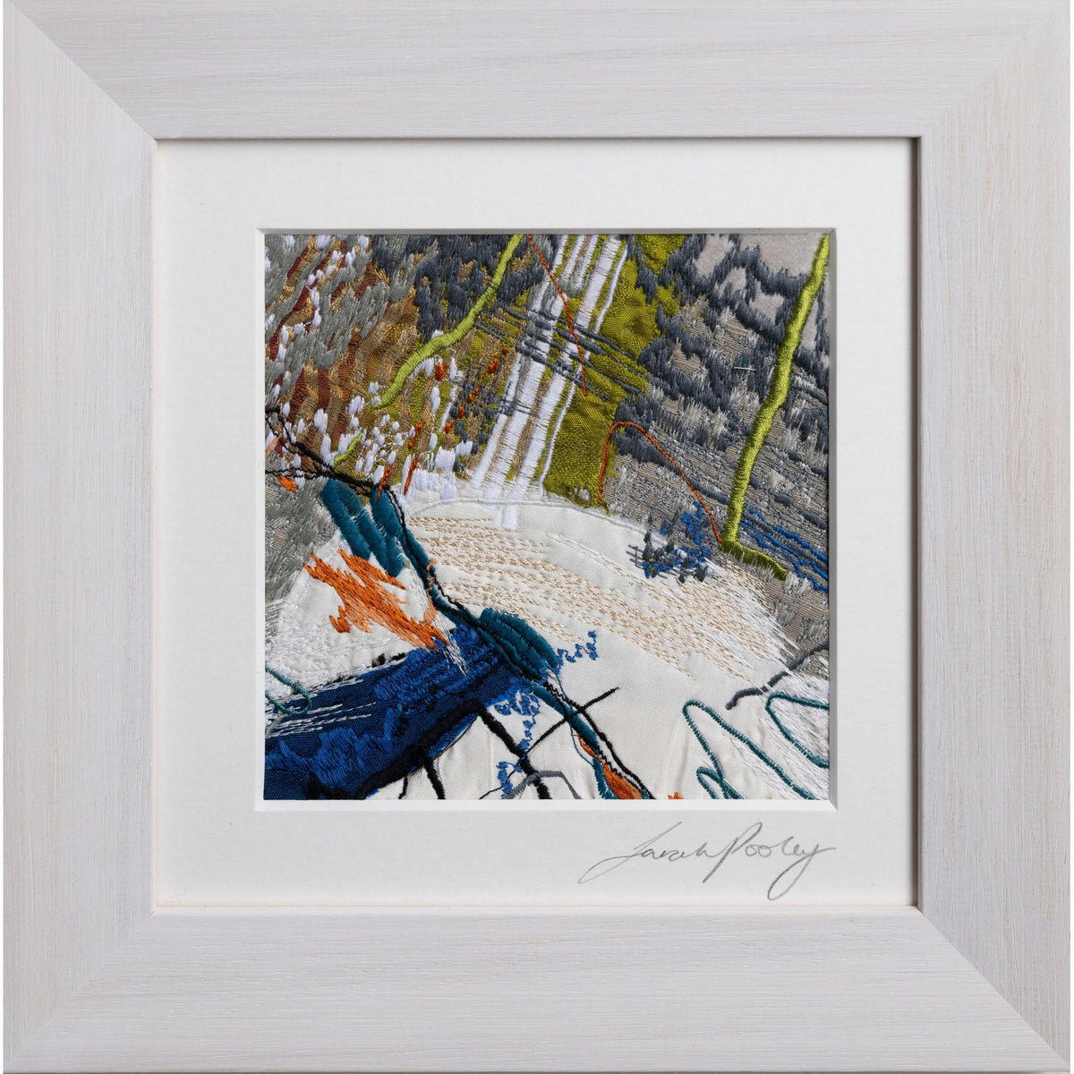 Stone wall and sea froth, free machine embroidery, by Sarah Pooley, available at Padstow Gallery, Cornwall