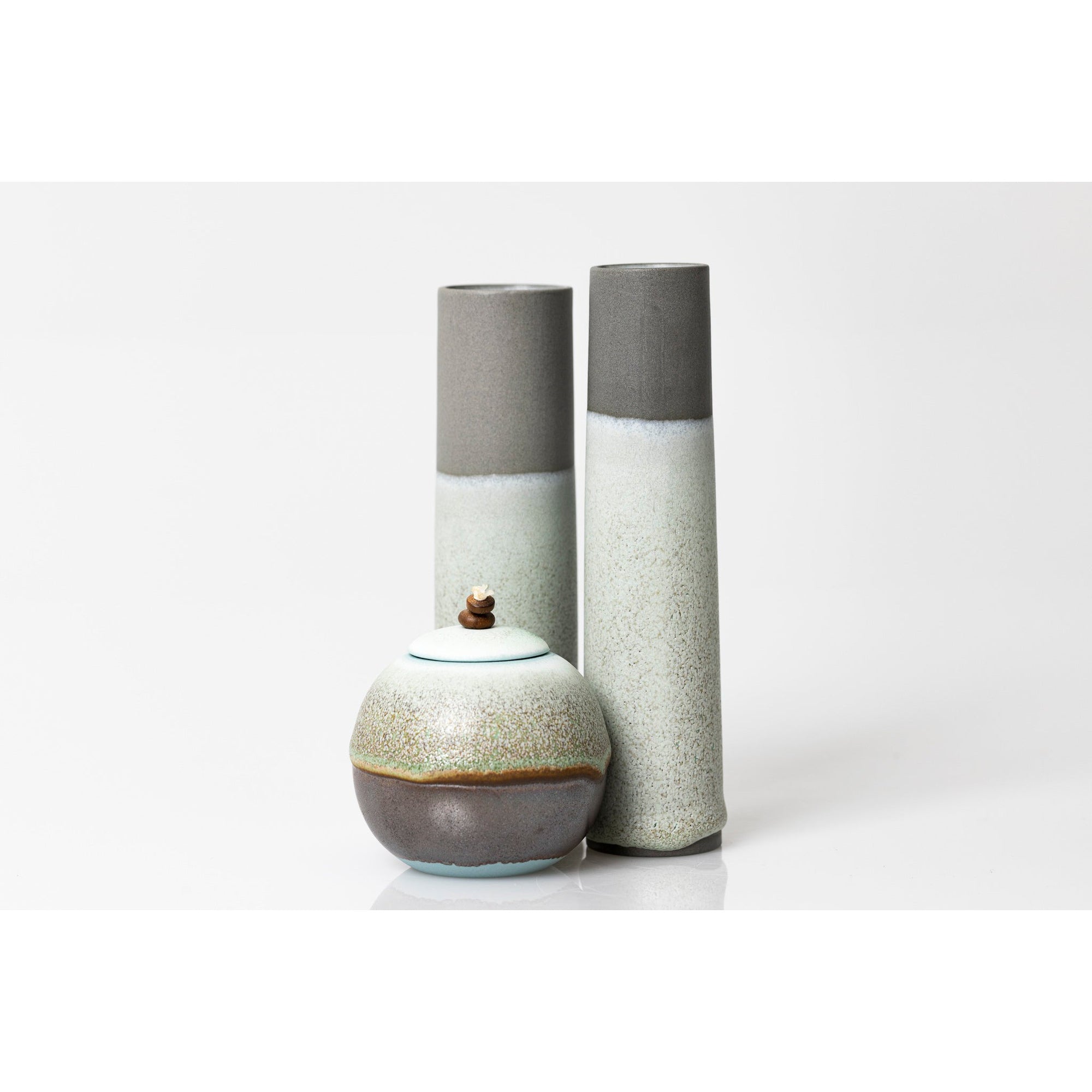 KK2, KK1 and KK3 Dark Horizon II, Small Grey Stoneware Vessel - Sea Green glaze by Kate Schuricht ceramics available at Padstow Gallery, Cornwall