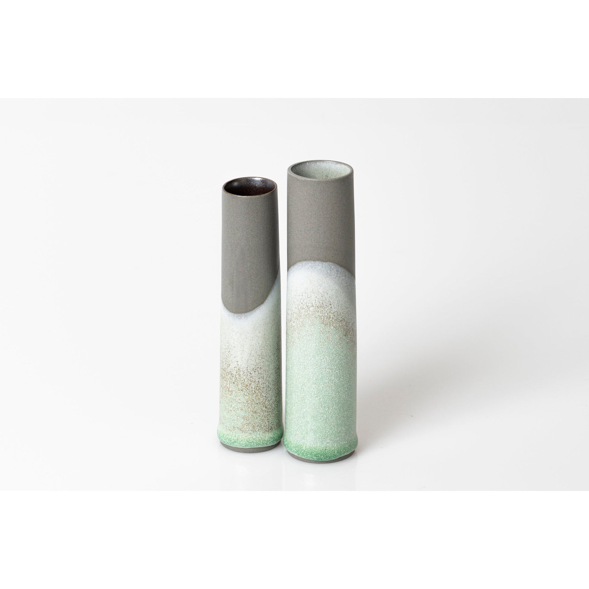 LL2 and LL1 Dusk on the Downs II - Small Grey Stoneware Vessel, Sea Green glaze Lustre interior by Kate Schuricht ceramics available at Padstow Gallery, Cornwall