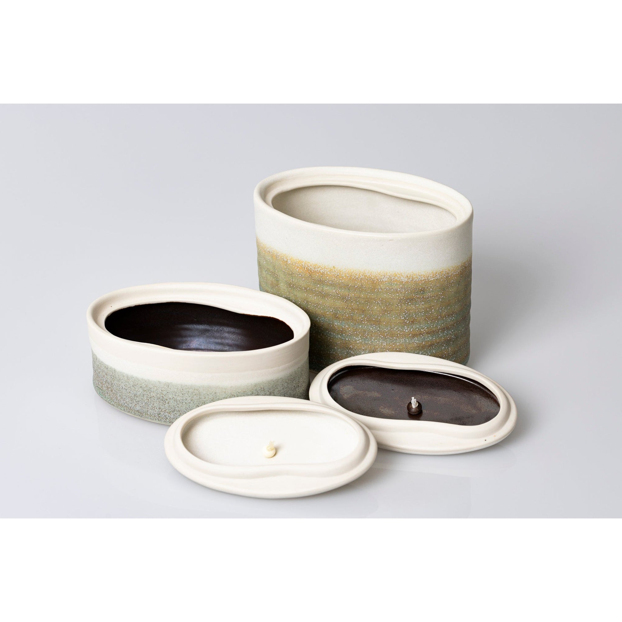 JJ2 and JJ1 Small Ellipse Stoneware Oval Container by Kate Schuricht ceramics available at Padstow Gallery, Cornwall