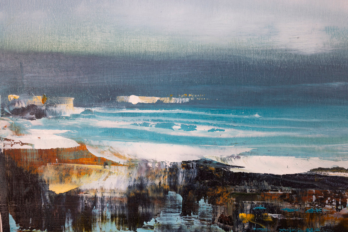 Abstract painting of a coastal landscape with waves and cliffs.