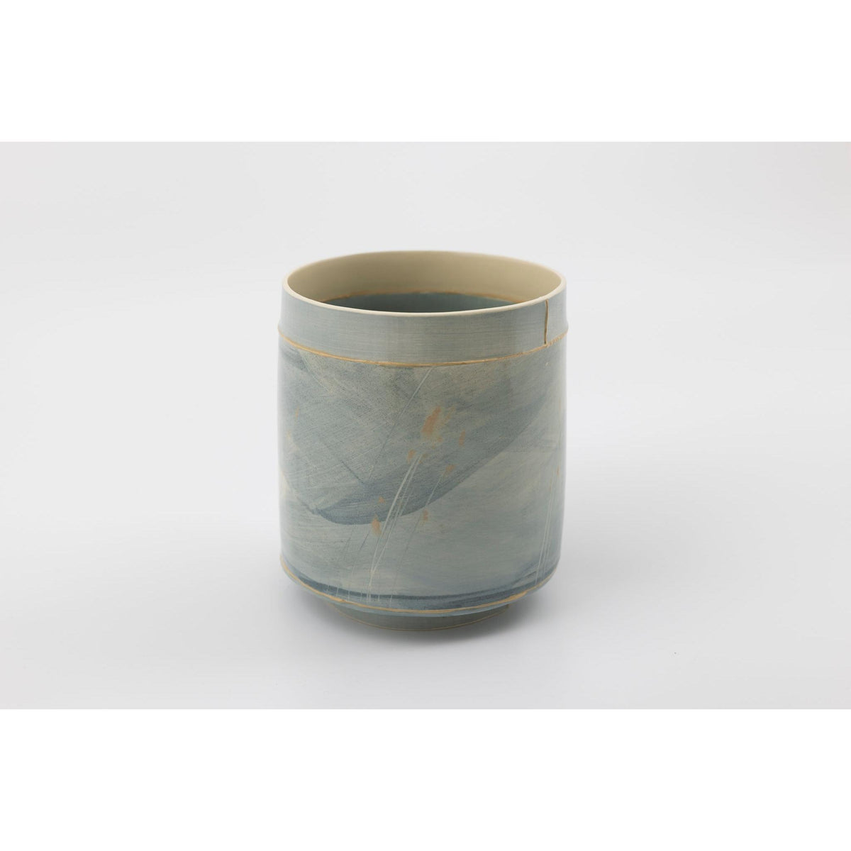 EKW2 Mid Round Vessel | Blue with dusky pink, handbuilt ceramic created by Emily-Kriste Wilcox, available from Padstow Gallery, Cornwall