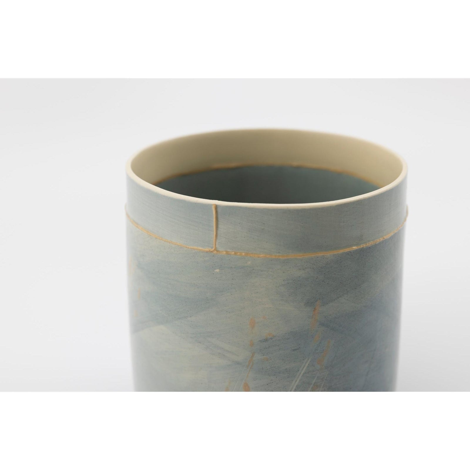 EKW2 Mid Round Vessel | Blue with dusky pink, handbuilt ceramic created by Emily-Kriste Wilcox, available from Padstow Gallery, Cornwall
