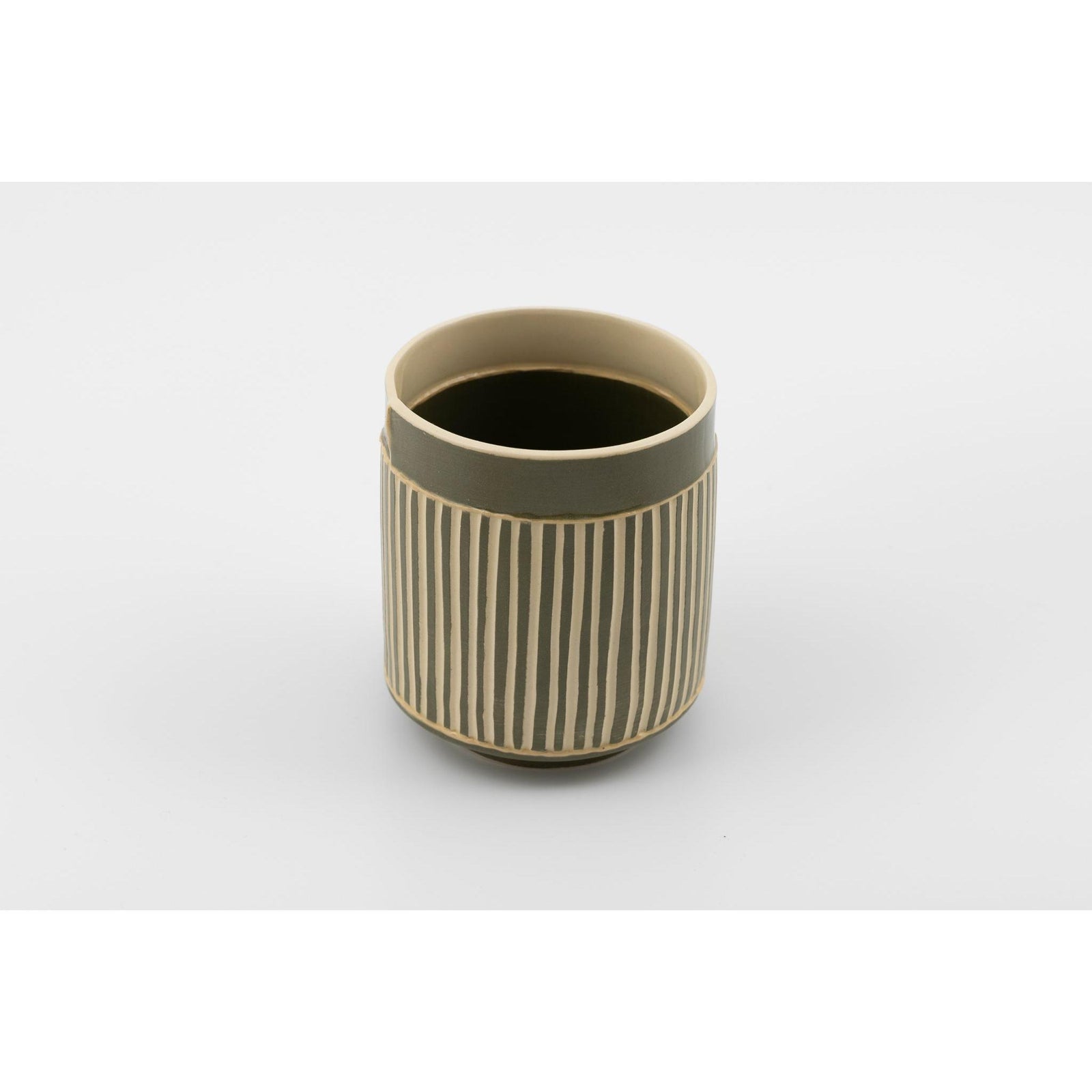 EKW8 Small Vessel | Narrow Forest Green Stripe, handbuilt ceramic created by Emily-Kriste Wilcox, available from Padstow Gallery, Cornwall