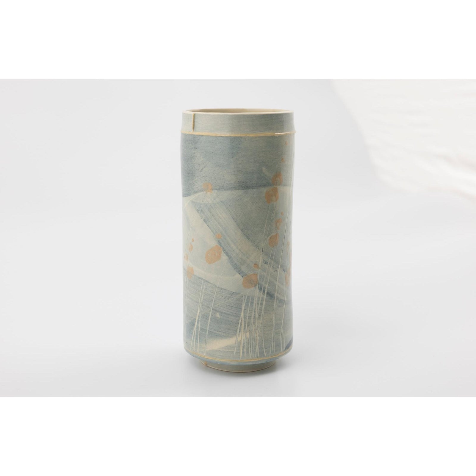 EKW3 Slim Vase | Blue with Dusky Pink, handbuilt ceramic created by Emily-Kriste Wilcox, available from Padstow Gallery, Cornwall