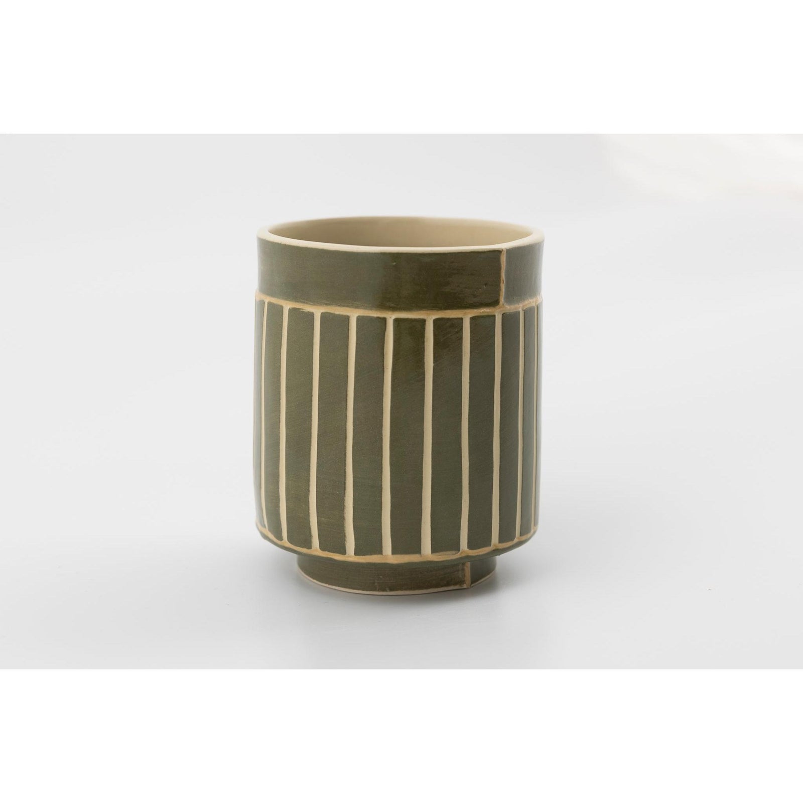 EKW7 Small Vessel | Forest Green Stripe, handbuilt ceramic created by Emily-Kriste Wilcox, available from Padstow Gallery, Cornwall